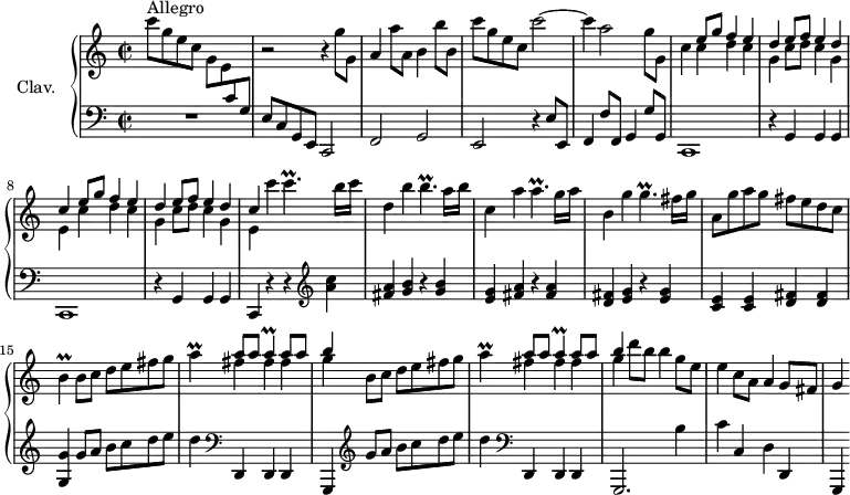 
\version "2.18.2"
\header {
  tagline = ##f
  % composer = "Domenico Scarlatti"
  % opus = "K. 406"
  % meter = "Allegro"
}

%% les petites notes
trillCp     = { \tag #'print { c4.\prall } \tag #'midi { d32 c d c~ c4 } }
trillBp     = { \tag #'print { b4.\prall } \tag #'midi { c32 b c b~ b4 } }
trillAp     = { \tag #'print { a4.\prall } \tag #'midi { b32 a b a~ a4 } }
trillGp     = { \tag #'print { g4.\prall } \tag #'midi { a32 g a g~ g4 } }
trillB      = { \tag #'print { b4\prall } \tag #'midi { c32 b c b~ b8 } }
trillA      = { \tag #'print { a4\prall } \tag #'midi { b32 a b a~ a8 } }

upper = \relative c'' {
  \clef treble 
  \key c \major
  \time 2/2
  \tempo 2 = 82

      s8*0^\markup{Allegro}
      c'8 g e c  \stemDown g e \stemUp  \change Staff = "lower" c g \stemNeutral   \change Staff = "upper" | r2 r4 g''8 g, |
      a4 a'8 a, b4 b'8 b, | c'g e c c'2~ |
      % ms. 5
      c4 a2 g8 g, | c4 \repeat unfold 2 { 
      << { e8 g f4 e | d e8 f e4 d | c } 
       \\ { c4 d c | g c8 d c4 g | e } >> }
      % ms. 10 suite
      c''4 \trillCp b16 c | d,4 b'4 \trillBp a16 b | c,4 a' \trillAp g16 a |
      % ms. 13
      b,4 g' \trillGp fis16 g | a,8 g' a g fis e d c | \trillB \repeat unfold 2 { b8 c d e fis g |
      % ms. 18
      \trillA << { a8 a \trillA a8 a | b4 } \\ { fis4 fis fis | g4 } >> } | d'8 b b4 g8 e | e4 c8 a a4 g8 fis |
      % ms. 21
      g4 
      % ms. 25
      

}

lower = \relative c' {
  \clef bass
  \key c \major
  \time 2/2

    % ************************************** \appoggiatura a16  \repeat unfold 2 {  } \times 2/3 { }   \omit TupletNumber 
      R1 | e,8 c g e c2 | f g | e r4 e'8 e, |
      % ms. 5
      f4 f'8 f, g4 g'8 g, | c,1 | r4 g'4 g g | c,1 |
      % ms. 9
      r4 g'4 g g | c, r4 r4   \clef treble  < a''' c >4 | < fis a > < g b > r4 q | < e g > < fis a > r4 q |
      % ms. 13
      < d fis >4 < e g > r4 q | < c e > q < d fis > q | < g, g' > g'8 a b c d e | d4   \clef bass d,,, d d |
      % ms. 17
      g,4 \clef treble  g'''8 a b c d e | d4  \clef bass d,,, d d | g,2. b''4 | c c, d d, |
      % ms. 21
      g,4
      % ms. 25
      

}

thePianoStaff = \new PianoStaff <<
    \set PianoStaff.instrumentName = #"Clav."
    \new Staff = "upper" \upper
    \new Staff = "lower" \lower
  >>

\score {
  \keepWithTag #'print \thePianoStaff
  \layout {
      #(layout-set-staff-size 17)
    \context {
      \Score
     \override TupletBracket.bracket-visibility = ##f
     \override SpacingSpanner.common-shortest-duration = #(ly:make-moment 1/2)
      \remove "Metronome_mark_engraver"
    }
  }
}

\score {
  \keepWithTag #'midi \thePianoStaff
  \midi { \set Staff.midiInstrument = #"harpsichord" }
}
