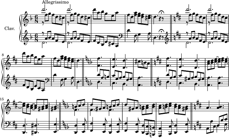 \version "2.18.2"
\header {
tagline = ##f
% composer = "Domenico Scarlatti"
% opus = "K. 444"
% meter = "Allegrissimo"
}
%% les petites notes
trillBesp = { \tag #'print { bes4.\prall } \tag #'midi { c32 bes c bes~ bes4 } }
upper = \relative c'' {
\clef treble
\key d \minor
\time 6/8
\tempo 4. = 102
\set Staff.midiInstrument = #"harpsichord"
\override TupletBracket.bracket-visibility = ##f
s8*0^\markup{Allegrissimo}
\repeat unfold 2 { << { d'2. } \\ { r8 f,8 g f d cis } >> } | d'8 a bes g e a | f d < f a >8 < e g > < d f > < cis e > | d4.r4^\markup { \translate #'(1.1 . 0.1)
\musicglyph #"scripts.ufermata" } r8 \key d \major
% ms. 6 majeur
\repeat unfold 2 { << { d'2. } \\ { r8 fis,8 g fis d cis } >> } | d'8 a b g e a | fis d < fis a >8 < e g > < d fis > < cis e > | d4. \bar "||" \key d \minor
% ms. 10 suite mineur
< f, f' >4. < e e' > < d d' > cis'8 b a | \bar "||" \key d \major < fis fis' >4.
% ms. 13 majeur
< e e' >4. < d d' > | < a' cis >8 < b d > < cis e >~ q < d fis > < cis e >~ | q < b d > < a cis >~ q < gis b > < a cis > | <gis b >4. \key d \minor
% ms. 16 fin mineur
<< { b8 c d | d gis, a b c d } \\ { f,4. f f } >> | d'8 gis, a < gis b >8 < a c > < b d > | < a c > < b d > < c e > < b d > < a c > < gis b > | \key d \major
% ms. 20 majeur
a4. < a b >4. |
% ms. 21
}
lower = \relative c' {
\clef bass
\key d \minor
\time 6/8
\set Staff.midiInstrument = #"harpsichord"
\override TupletBracket.bracket-visibility = ##f
% ************************************** \appoggiatura \repeat unfold 2 { } \times 2/3 { }
\clef treble \repeat unfold 2 { << { r8 a' bes a f e } \\ { d2. } >> } | f8 d bes e cis a \clef bass | d4 f,8 g4 a8 | d,4. r4^\markup { \translate #'(1.1 . 0.1)
\musicglyph #"scripts.ufermata" } r8 \bar "||" \key d \major \clef treble
% ms. 6 majeur
\repeat unfold 2 { << { r8 a'' b a fis e } \\ { d2. } >> } | fis8 d b e cis a \clef bass | d4 fis,8 g4 a8 | d,4. \bar "||" \key d \minor
% ms. 10 mineur
<< { d'8 a b | c g a bes f g } \\ { d4. | c bes } >> < a a' >4. \key d \major
% ms. 12 fin majeur
<< { d'8 a b | cis gis a b fis gis } \\ { d4. | cis b } >> < a a' >4. < cis a' > < d, d' > < dis dis' > < e e' > \bar "||" \key d \minor
% ms. 16 fin
\repeat unfold 2 { < d d' >4 < e e' >8 | < f f' >4 < e e' >8 } < d d' >8 < c c' > < b b' > | < a a' >4 < c c' >8 < d d' >4 < e e' >8 | \bar "||" \key d \major
% ms. 20 majeur
a8 a' cis, << { d8 b' cis } \\ { d,4 e8 } >>
% ms. 21
}
thePianoStaff = \new PianoStaff <<
\set PianoStaff.instrumentName = #"Clav."
\new Staff = "upper" \upper
\new Staff = "lower" \lower
>>
\score {
\keepWithTag #'print \thePianoStaff
\layout {
#(layout-set-staff-size 17)
\context {
\Score
\override SpacingSpanner.common-shortest-duration = #(ly:make-moment 1/2)
\remove "Metronome_mark_engraver"
}
}
}
\score {
\keepWithTag #'midi \thePianoStaff
\midi { }
}