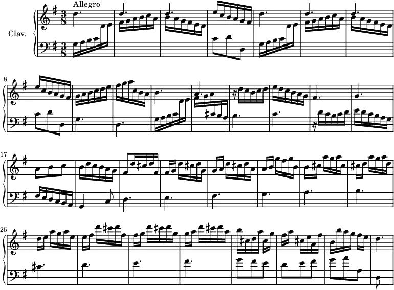 
\version "2.18.2"
\header {
  tagline = ##f
  % composer = "Domenico Scarlatti"
  % opus = "K. 325"
  % meter = "Allegro"
}

%% les petites notes
%trillBesp     = { \tag #'print { bes4.\prall } \tag #'midi { c32 bes c bes~ bes4 } }

upper = \relative c'' {
  \clef treble 
  \key g \major
  \time 3/8
  \tempo 4. = 76
  \set Staff.midiInstrument = #"harpsichord"
  \override TupletBracket.bracket-visibility = ##f

      s8*0^\markup{Allegro}
      \repeat unfold 2 { d4. \stemUp d d \stemNeutral  | e16 c b a g fis } | 
      % ms. 9
      g16 a b c d e | fis g a c, b a | b4. a | r16 d16 c b c d | e d c b a g |
      % ms. 15
      fis4. g | a8 b c | b16 d c b a g |   \tempo 4. = 66 fis8   \tempo 4. = 76 d'16 cis d fis, |
      % ms. 20
      fis[ g] d' cis d g, | g[ a] d cis d a | a[ b] g' fis g b, | b[ cis] a' g a cis, | cis[ d] a' g a d, |
      % ms. 25
      d16[ e] a g a e | e[ fis] d' cis d fis, | fis[ g] d' cis d g, | g[ a] d cis d a | b cis, d a' cis,[ g'] |
      % ms. 30
      fis[ a] cis, e a, fis' | b, b' a g fis[ e] | d4.
      % ms. 35
      
      % ms. 40
      

}

lower = \relative c' {
  \clef bass
  \key g \major
  \time 3/8
  \set Staff.midiInstrument = #"harpsichord"
  \override TupletBracket.bracket-visibility = ##f

    % ************************************** \appoggiatura a16  \repeat unfold 2 {  } \times 2/3 { }   \omit TupletNumber 
      \repeat unfold 2 { g16 a b c \stemDown \change Staff = "upper" d e | fis g a b c a | b a g fis e d | \stemNeutral \change Staff = "lower" c8 d d, } |
      % ms. 9
      g4. | d | g16 a b c \stemDown \change Staff = "upper"  d e | fis g a \stemNeutral \change Staff = "lower" cis, b a | b4. c |
      % ms. 15
      r16 d16 c b c d | e d c b a g fis e d c b a | g4 c8 | d4. |
      % ms. 20
      e4. fis g a b
      % ms. 25
      cis4. d e fis | g8 fis e |
      % ms. 30
      d8 e fis | g a a, | d,
      % ms. 35
      
      % ms. 40
      

}

thePianoStaff = \new PianoStaff <<
    \set PianoStaff.instrumentName = #"Clav."
    \new Staff = "upper" \upper
    \new Staff = "lower" \lower
  >>

\score {
  \keepWithTag #'print \thePianoStaff
  \layout {
      #(layout-set-staff-size 17)
    \context {
      \Score
     \override SpacingSpanner.common-shortest-duration = #(ly:make-moment 1/2)
      \remove "Metronome_mark_engraver"
    }
  }
}

\score {
  \keepWithTag #'midi \thePianoStaff
  \midi { }
}
