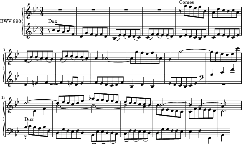 
\version "2.18.2"
\header {
  tagline = ##f
}

Dux   = { r8^\markup{Dux} c8 bes a bes f d g f ees f d bes( ees) ees( d) d( c) c( f) f( ees) ees( d) }
Comes = { r8^\markup{Comes} g8 f ees f bes, a d c bes c a f( bes) bes( a) a( g) g( c) c( bes) bes( a)  }

upper = \relative c'' {
  \clef treble 
  \key bes \major
  \time 3/4
  \tempo 4 = 120 % tempo de Keller
  \set Staff.midiInstrument = #"harpsichord" 

   %% FUGUE CBT II-21, BWV 890, si-bémol majeur
   R2.*4 \relative c''' { \Comes a4 aes2~ aes8 g' f ees f aes, g4 g'2~ g8 f ees d ees c' }
   << { d2.~ | d8 ees d c d f aes g g f f ees | ees d d c c bes | bes2.~ | bes4 a2~ | a8 } \\ { s2. bes2.~ bes~ bes2 a4 bes8 ees, ees d d c | c f f ees ees d | d2. } >> 
   
}

lower = \relative c' {
  \clef bass 
  \key bes \major
  \time 3/4
  \set Staff.midiInstrument = #"harpsichord" 
    
   \clef treble \relative c'' { \Dux d8 ees d c bes d c f ees d c ees d4 e f~ f e8 d e4 f8 ees d c d f | bes,4 d bes | ees8 d c bes c ees }
   \clef bass 
   << { a4 c f bes, \stemDown \change Staff = "upper"  d f } \\ { R2. \relative c' { \Dux d8 g g f f ees | ees4 f f, bes } } >>
   
    
} 

\score {
  \new PianoStaff <<
    \set PianoStaff.instrumentName = #"BWV 890"
    \new Staff = "upper" \upper
    \new Staff = "lower" \lower
  >>
  \layout {
    \context {
      \Score
      \remove "Metronome_mark_engraver"
      \override SpacingSpanner.common-shortest-duration = #(ly:make-moment 1/2)
    }
  }
  \midi { }
}
