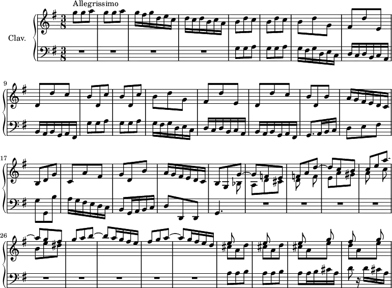 \version "2.18.2"
\header {
tagline = ##f
% composer = "Domenico Scarlatti"
% opus = "K. 79"
% meter = "Allegrissimo"
}
%% les petites notes
%trillBesp = { \tag #'print { bes4.\prall } \tag #'midi { c32 bes c bes~ bes4 } }
upper = \relative c'' {
\clef treble
\key g \major
\time 3/8
\tempo 4. = 92
\set Staff.midiInstrument = #"harpsichord"
\override TupletBracket.bracket-visibility = ##f
s8*0^\markup{Allegrissimo}
\repeat unfold 2 { g'8 g a } | g16 fis g d e c | d c d b c a | \repeat unfold 2 { b8 d c } |
% ms. 7
b8 d g, | fis d' e, | d d' c | \repeat unfold 2 { b d, c' } | b8 d g, | fis d' e, |
% ms. 14
d d' c | b d, b' | a16 g fis e d c | b8 d g | c, a' fis | g d b' |
% ms. 20
a16 g fis e d c |
<< { b8 g g'~ | g f e | f a d~ | d c b | c e a~ | a g fis |
% ms. 27 dessus
g8 a b~ | b a16 g fis e | fis8 g a~ | a g16 fis e d } \\
{ s4 bes,8 | a d cis | d s8 f8 | e a gis | a8 s8 c8 | b e dis |
% ms. 27 grave
} >>
% ms. 31
<< { e8 s4 | e8 s4 | e8 s8 g8 } \\ { \repeat unfold 2 { cis,8 a d } | cis8 a e' } >>
% ms. 34
<< { fis8 s8 g8 } \\ { d8 a e' } >>
}
lower = \relative c' {
\clef bass
\key g \major
\time 3/8
\set Staff.midiInstrument = #"harpsichord"
\override TupletBracket.bracket-visibility = ##f
% ************************************** \appoggiatura a16 \repeat unfold 2 { } \times 2/3 { } \omit TupletNumber
R4.*4 | \repeat unfold 2 { \repeat unfold 2 { g8 g a } |
% ms. 7
g16 fis g d e c | d c d b c a | b a b g a fis } |
% ms. 15
g8. a16 b c | d8 e fis | g g, b' | a16 g fis e d c | b8 g16 a b c |
% ms. 20
d8 d, d | g4. | R4.*9
% ms. 31
\repeat unfold 2 { a'8 a b } | a a16 b cis a |
% ms. 34
d8 r16 d16 cis a |
}
thePianoStaff = \new PianoStaff <<
\set PianoStaff.instrumentName = #"Clav."
\new Staff = "upper" \upper
\new Staff = "lower" \lower
>>
\score {
\keepWithTag #'print \thePianoStaff
\layout {
#(layout-set-staff-size 17)
\context {
\Score
\override SpacingSpanner.common-shortest-duration = #(ly:make-moment 1/2)
\remove "Metronome_mark_engraver"
}
}
}
\score {
\keepWithTag #'midi \thePianoStaff
\midi { }
}