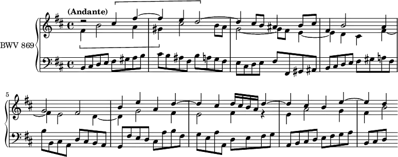 
\version "2.18.2"
\header {
  tagline = ##f
}

upper = \relative c'' {
    \tempo "(Andante)"
    \clef treble 
    \key b \minor
    \time 4/4
    \tempo 4 = 69
    %\set Staff.midiInstrument = #"harpsichord"

   %% PRÉLUDE CBT I-24, BWV 869, si mineur 
   << { d2\rest \[ cis4 fis~ fis e d2~ \] d4 cis8 b ais4 b8 cis | fis,4 b2 a4 g2 fis b4 e a, d~ d cis d16 cis b a d4~ d cis b e~ e d } \\ { \[ fis,4 b2 a4 gis \] cis2 b8 a g2~ g8 fis e4~ e d cis fis~ fis e2 d4~ d g2 fis4 | e2 fis4 r4 | e4 a2 g4 fis b2*1/4 } >>
   
}

lower = \relative c {
    \clef bass 
    \key b \minor
    \time 4/4
    %\set Staff.midiInstrument = #"harpsichord" 

    b8 cis d e fis gis a b  | cis b ais fis b a g fis | e cis d e fis fis, gis ais | b cis d e fis gis a! fis |
    b8 b, cis a d cis b a g fis' e d cis a' b fis g e a a, d e fis g | a, b cis d e fis g a | b,[ cis d] s8
} 

\score {
  \new PianoStaff <<
    \set PianoStaff.instrumentName = #"BWV 869"
    \new Staff = "upper" \upper
    \new Staff = "lower" \lower
  >>
  \layout {
    \context {
      \Score
      %\remove "Metronome_mark_engraver"
      \override SpacingSpanner.common-shortest-duration = #(ly:make-moment 1/2) 
    }
  }
  \midi { \set Staff.midiInstrument = #"harpsichord" }
}
