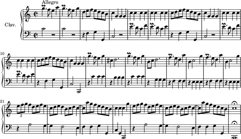 
\version "2.18.2"
\header {
  tagline = ##f
  % composer = "Domenico Scarlatti"
  % opus = "K. 329"
  % meter = "Allegro"
}

%% les petites notes
trillGp     = { \tag #'print { g4.\prall } \tag #'midi { a32 g a g~ g4 } }
trillGpUp   = { \tag #'print { g'4.\prall } \tag #'midi { a32 g a g~ g4 } }
trillEp     = { \tag #'print { e4.\prall } \tag #'midi { f32 e f e~ e4 } }
trillEpUp   = { \tag #'print { e'4.\prall } \tag #'midi { f32 e f e~ e4 } }
trillFp     = { \tag #'print { f4.\prall } \tag #'midi { g32 f g f~ f4 } }

upper = \relative c'' {
  \clef treble 
  \key c \major
  \time 2/2
  \tempo 2 = 92
  \set Staff.midiInstrument = #"harpsichord"
  \override TupletBracket.bracket-visibility = ##f

      s8*0^\markup{Allegro}
      \trillGpUp f8 e4 a | \trillGp f8 e4 g | d4 e8 f e d c b | \repeat unfold 2 { c4 g g g | \repeat unfold 8 { c } |
      % ms. 7
      c8 d e f e d c b } | c4 g g g | \trillGpUp f8 e4 g | cis,4 d2. | \trillGp f8 e4 g |
      % ms. 16
      b,8 c d2. | \repeat unfold 2 { \trillFp e8 d4 a' | b, c2 g'4 } |
      % ms. 21
      \times 2/3 { e8 f g } f4  \omit TupletNumber \times 2/3 { d8 e f } e4 | \times 2/3 { c8 d e } d4 \times 2/3 { b8 c d } c4~ | c8 a' g f e d c b | c4 c \tempo 2 = 80 c \tempo 2 = 92 g'
      % ms. 25
      \times 2/3 { e8 f g } f4  \omit TupletNumber \times 2/3 { d8 e f } e4 | \times 2/3 { c8 d e } d4 \times 2/3 { b8 c d } c4~ | c8 a' g f e d c \tempo 2 = 80 b | c1\fermata

}

lower = \relative c' {
  \clef bass
  \key c \major
  \time 2/2
  \set Staff.midiInstrument = #"harpsichord"
  \override TupletBracket.bracket-visibility = ##f

    % ************************************** \appoggiatura a16  \repeat unfold 2 {  } \times 2/3 { }   \omit TupletNumber 
      c2 r2 | c2 r2 | \repeat unfold 2 { r4 f,4 g g, | c2 r2 | \trillEpUp d8 c4 f |
      % ms. 3
      \trillEp d8 c4 e } |
      % ms. 11
      r4 f,4 g g, | c2 c, | r4 \repeat unfold 3 { c''4 } | r4 \repeat unfold 3 { b4 } | r4 \repeat unfold 3 { c4 } | 
      % ms. 16
      r4 \repeat unfold 3 { g4 } | \repeat unfold 2 {  r4 \repeat unfold 3 { f4 } | r4 \repeat unfold 3 { e4 }  } | 
      % ms. 21
      r4 a2 g4~ | g f2 e4 | f f g g, | c g c,2 |
      % ms. 25
      r4 a''2 g4~ | g f2 e4 | f f g g, | c,1\fermata

}

thePianoStaff = \new PianoStaff <<
    \set PianoStaff.instrumentName = #"Clav."
    \new Staff = "upper" \upper
    \new Staff = "lower" \lower
  >>

\score {
  \keepWithTag #'print \thePianoStaff
  \layout {
      #(layout-set-staff-size 17)
    \context {
      \Score
     \override SpacingSpanner.common-shortest-duration = #(ly:make-moment 1/2)
      \remove "Metronome_mark_engraver"
    }
  }
}

\score {
  \keepWithTag #'midi \thePianoStaff
  \midi { }
}
