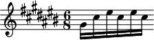 
\version "2.18.2"
\header {
  tagline = ##f
}

\score {
  \new Staff \with {

  }
<<
  \relative c'' {
    \clef treble 
    \key cis \major
    \time 6/8

     %% Prélude original
     gis16 cis eis cis eis cis

  }
>>
  \layout {
     \context { \Score \remove "Metronome_mark_engraver"
    }
  }
  \midi {} 
}
