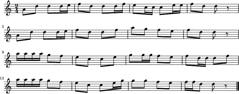 \new Staff {
\relative c'' {
\time 2/4
a8 d d d16 e
f8 d d d16 f
e8 c16 c c8 e16 e
f8 d d r \break
a8 d d d16 e
f8 d d f
a g f e
f d d r \break
a'16 a a a g8 f
e c c e
g g16 g f8 e
f d16 d d8 f \break
a16 a a a g8 f
e c c e16 g
g8 g f e
f16 f d8 d r \bar "|."
}
}