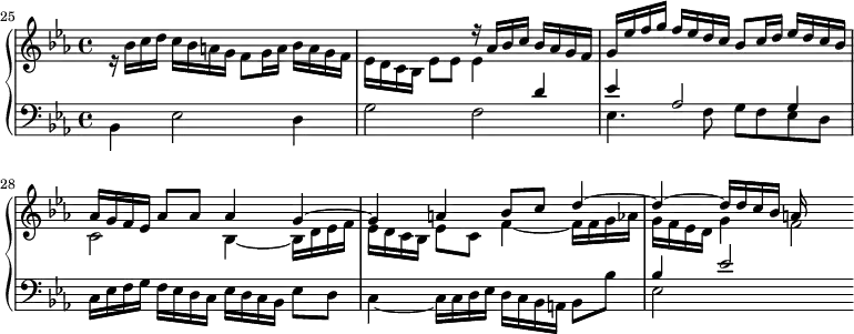 
\version "2.18.2"
\header {
  tagline = ##f
}

upper = \relative c'' {
    \clef treble 
    \key ees \major
    \time 4/4
    \tempo 4 = 60
    \set Score.currentBarNumber = #25
    \set Staff.midiInstrument = #"harpsichord"
    %\context Score \applyContext #(set-bar-number-visibility 4)
    \bar ""

   %% PRÉLUDE CBT I-7, BWV 852, mi-bémol majeur
   << { s1 s2 r16 aes16 bes c bes aes g f g ees' f g f ees d c bes8 c16 d ees d c bes | aes  g f ees aes8 aes aes4 g~ g a bes8 c d4~ d~ d16 d c bes a } \\ { r16 bes16 c d c bes a g f8 g16 a bes a g f | ees d c bes ees8 ees ees4 s4 s1 c2 bes4~ bes16 d ees f ees d c bes ees8 c f4~ f16 f g aes g f ees d g4 f2*1/4 } >>
   
}

lower = \relative c' {
    \clef bass 
    \key ees \major
    \time 4/4
    \set Staff.midiInstrument = #"harpsichord" 

       
       << { s1 s2. d4 ees aes,2 g4 s2 s2 s1 bes4 ees2 } \\ { bes,4 ees2 d4 g2 f ees4. f8 g f ees d c16 ees f g f ees d c ees d c bes ees8 d c4~ c16 c d ees d c bes a bes8 bes' ees,2 } >>
} 

\score {
  \new PianoStaff <<
    \set PianoStaff.instrumentName = #""
    \new Staff = "upper" \upper
    \new Staff = "lower" \lower
  >>
  \layout {
    indent = #0
    % short-indent = #-10
    \context {
      \Score
      \remove "Metronome_mark_engraver"
    }
  }
  \midi { }
}
