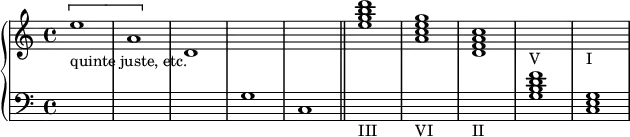 
\version "2.14.2"
\header {
  tagline = ##f
}
upper = \relative c'' {
  \clef treble 
  \key c \major
  \time 4/4
  %\autoBeamOff
  
  \[ e1-"quinte juste, etc." a, \] d, s1*2 \bar "||" 
  \chordmode { e'1:m7 a:m7 d:m7 } s1-"V" s1-"I"

}

lower = \relative c' {
  \clef bass
  \key c \major
  \time 4/4
    
   s1*3 g1 c,
   s1-"III" s1-"VI" s1-"II"  \chordmode { g,1:7 c, }
   
} 

\score {
  \new PianoStaff <<
    \set PianoStaff.instrumentName = #""
    \new Staff = "upper" \upper
    \new Staff = "lower" \lower
  >>
  \layout {
    \context {
      \Score
      \remove "Metronome_mark_engraver"
      \remove "Bar_number_engraver"
    }
  }
  \midi { }
}

