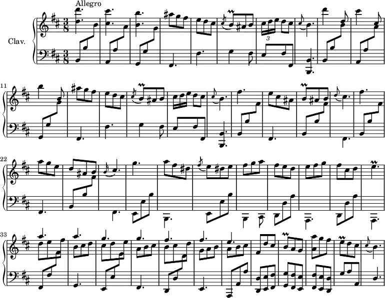 
\version "2.18.2"
\header {
  tagline = ##f
  % composer = "Domenico Scarlatti"
  % opus = "K. 409"
  % meter = "Allegro"
}

%% les petites notes
trillBq       = { \tag #'print { b8\prall } \tag #'midi { cis32 b cis b } }
appoCisB      = { \tag #'print { \appoggiatura cis8 b4. } \tag #'midi { cis4   \tempo 4. = 40 b8   \tempo 4. = 92 } }
appoCisD      = { \tag #'print { \appoggiatura cis8 b4. } \tag #'midi { cis4   \tempo 4. = 40 d8   \tempo 4. = 92 } }
trillEp       = { \tag #'print { e4.\prall } \tag #'midi { fis32 e fis e~ e4 } }
trillEq       = { \tag #'print { e8\prall } \tag #'midi { fis32 e fis e } }

upper = \relative c'' {
  \clef treble 
  \key b \minor
  \time 3/8
  \tempo 4. = 92
  \set Staff.midiInstrument = #"harpsichord"
  \override TupletBracket.bracket-visibility = ##f

      s8*0^\markup{Allegro}
      < d d' >4. | < cis cis' > | < b b' > | ais'8 g fis | e d cis | \acciaccatura cis8 \trillBq ais8 b | \times 2/3 { cis16 d e } d8[ cis] |
      % ms. 8
      \appoCisB | d'4 \stemUp d,8 |  \stemNeutral cis'4 \stemUp cis,8 |  \stemNeutral b'4 \stemUp b,8 |  \stemNeutral ais'8 g fis | e d cis | \acciaccatura cis8 \trillBq ais8 b | \omit TupletNumber \times 2/3 { cis16 d e } d8[ cis] |
      % ms. 16
      \appoCisB | fis'4. | e8 cis ais | \trillBq ais b | \appoggiatura d8 cis4. | fis4. | a8 g e | \stemUp d ais b | \stemNeutral
      % ms. 24
      \appoggiatura b16 \stemUp cis4. | \stemNeutral g'4. | a8 fis dis | \acciaccatura fis8 e8 dis e | fis g a | fis e d | e fis g | fis cis d |
      % ms. 32
      \trillEp | << { a4. a g g fis fis e } \\ { d8 e fis | b, cis d | cis d e | a, b cis | b cis d | g, a b | a b cis } >>
      % ms. 40
      fis,8 d' cis | \trillBq a8 g | < a a' > g' fis | \trillEq d8 cis | \appoCisD |

}

lower = \relative c' {
  \clef bass
  \key b \minor
  \time 3/8
  \set Staff.midiInstrument = #"harpsichord"
  \override TupletBracket.bracket-visibility = ##f

    % ************************************** 
      \repeat unfold 2 { \stemUp b,8 b' \stemDown \change Staff = "upper"  b' | \stemUp  \change Staff = "lower" a,, a' \stemDown \change Staff = "upper" a' | \stemUp  \change Staff = "lower" g,, g' \stemDown \change Staff = "upper"  g' | \stemNeutral  \change Staff = "lower" fis,,4. | fis' | g4 fis8 | e fis fis, | 
      % ms. 16
      < b, b' >4. } | \repeat unfold 4 { \stemUp b'8 b' \stemDown \change Staff = "upper" fis' | \stemNeutral  \change Staff = "lower" fis,,4. } | 
      % ms. 25
      e8 e' b' | b,,4. | e8 e' b' | b,,4 cis8 | \repeat unfold 2 { d d' a' | a,,4. } |
      % ms. 33
      \stemUp fis'8 fis' \stemDown \change Staff = "upper"  fis' | \stemNeutral  \change Staff = "lower" g,,4. | 
      \stemUp e8 e' \stemDown \change Staff = "upper"  e' | \stemNeutral  \change Staff = "lower" fis,,4. |
      \stemUp d8 d' \stemDown \change Staff = "upper"  d' | \stemNeutral  \change Staff = "lower" e,,4. |
      \stemUp a,8 a' a' |
      % ms. 40
      < d,, d' >8 < e e' > < fis fis' > | < g g' > < fis fis' > < e e' > | < fis fis' > < e e' > < d d' > | g' a a, | d4. 

}

thePianoStaff = \new PianoStaff <<
    \set PianoStaff.instrumentName = #"Clav."
    \new Staff = "upper" \upper
    \new Staff = "lower" \lower
  >>

\score {
  \keepWithTag #'print \thePianoStaff
  \layout {
      #(layout-set-staff-size 17)
    \context {
      \Score
     \override SpacingSpanner.common-shortest-duration = #(ly:make-moment 1/2)
      \remove "Metronome_mark_engraver"
    }
  }
}

\score {
  \keepWithTag #'midi \thePianoStaff
  \midi { }
}
