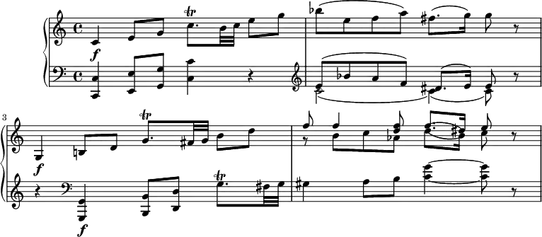 
\version "2.18.2"
\header {
  tagline = ##f
}
upper =  \relative c' {
         \clef "treble" 
         \tempo "Adagio"
         \key c \major
         \time 4/4 
         \tempo 4 = 50
        c4 \f  e8 g c8.\trill b32 c e8 g
        bes (e, f a) fis8.(g16) g8 r
        g,,4 \f b!8 d g8.\trill fis32 g b8 d
        <<{\stemDown g,8\rest b c aes d8. (b16) c8 } \\ { \stemUp f8 f4 <d f>8 f8. (dis16) e8}>> r8
}
lower = \relative c {      
         \clef "bass" 
         \key c \major
         \time 4/4 
        
      <c, c'>4 <e e'>8 <g g'> <c c'>4 r4 \clef "treble"
      <<{\stemDown c'2  _ (c4)  _(c8)} \\ {\stemUp e8 ^(bes' a f) dis8. ^(e16) e8  }>> r8 r4  \clef "bass"
      <g,,, g'>4 \f <b b'>8 <d d'> g'8. \trill fis32 g
      gis4 a8 b <c g'>4 ~ <c g'>8 r
} 
\score {
  \new PianoStaff <<  
    \new Staff = "upper" \upper
    \new Staff = "lower" \lower
  >>
  \layout {
    \context {
      \Score
      \remove "Metronome_mark_engraver"
    }
  }
  \midi { }
}
