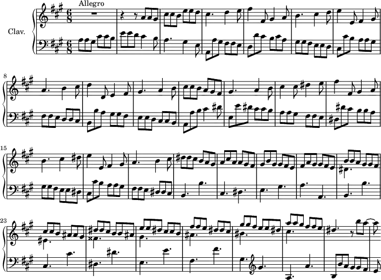 
\version "2.18.2"
\header {
  tagline = ##f
  % composer = "Domenico Scarlatti"
  % opus = "K. 405"
  % meter = "Allegro"
}

%% les petites notes
trillBesp     = { \tag #'print { bes4.\prall } \tag #'midi { c32 bes c bes~ bes4 } }

upper = \relative c'' {
  \clef treble 
  \key a \major
  \time 6/8
  \tempo 4. = 98
  \set Staff.midiInstrument = #"harpsichord"
  \override TupletBracket.bracket-visibility = ##f

      s8*0^\markup{Allegro}
      R2. r4 r8 a8 a gis | cis cis b e e d | cis4. d4 e8 |
      % ms. 5
      fis4 fis,8 gis4 a8 | b4. cis4 d8 | e4 e,8 fis4 gis8 | a4. b4 cis8 | d4 d,8 e4 fis8 |
      % ms. 10
      gis4. a4 b8 | cis8 cis b a gis fis | gis4. a4 b8 | cis4 cis8 dis4 e8 | fis4 fis,8 gis4 a8 |
      % ms. 15
      b4. cis4 dis8 | e4 e,8 fis4 gis8 | a4. b4 cis8 | dis8 dis cis b a gis | a cis a a gis fis |
      % ms. 20
      gis8 b gis gis fis e | fis a gis gis fis e | 
      << { b'8 b a gis gis fis | cis' cis b ais ais gis | dis' dis cis b b ais } 
      \\ { dis,4. s4. eis s4. fisis } >>
      % ms. 25
      << { e'8 e dis cis cis b | fis' fis e dis dis cis | gis' gis fis e e dis | a' a gis fis fis e | dis4. }  |
      \\ { gis,4. s4. ais s4. bis s4. cis } >> | r8 b'8 a~
      % ms. 30
      a8 

}

lower = \relative c' {
  \clef bass
  \key a \major
  \time 6/8
  \set Staff.midiInstrument = #"harpsichord"
  \override TupletBracket.bracket-visibility = ##f

    % ************************************** \appoggiatura \repeat unfold 2 {  } \times 2/3 { }
      a8 a gis cis cis b | e e d cis4 b8 | a4. gis4 e8 | a, a' gis fis fis e |
      % ms. 5
      d8 d' cis b cis a | gis gis fis e e d | cis cis' b a a gis | fis fis e d d cis | b b' a gis gis  fis |
      % ms. 10
      e8 e d cis cis b | a a' b cis4 dis8 | e, e' dis cis cis b | a a gis fis fis e | dis dis' cis b b a |
      % ms. 15
      gis8 gis fis e e dis | cis cis' b a a gis | fis fis e dis dis cis | b4. b' | cis, dis |
      % ms. 20
      e4. gis | a a, | b b' | cis, cis' | dis, dis'
      % ms. 25
      e,4. e' | fis, fis' | gis,   \clef treble  gis'4. a, a' | b,8 b' a gis gis fis |
      % ms. 30
      e8

}

thePianoStaff = \new PianoStaff <<
    \set PianoStaff.instrumentName = #"Clav."
    \new Staff = "upper" \upper
    \new Staff = "lower" \lower
  >>

\score {
  \keepWithTag #'print \thePianoStaff
  \layout {
      #(layout-set-staff-size 17)
    \context {
      \Score
     \override SpacingSpanner.common-shortest-duration = #(ly:make-moment 1/2)
      \remove "Metronome_mark_engraver"
    }
  }
}

\score {
  \keepWithTag #'midi \thePianoStaff
  \midi { }
}
