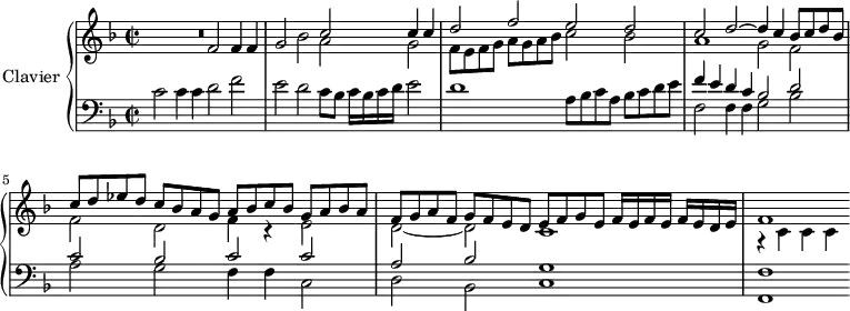 \version "2.18.2"
\header {
tagline = ##f
}
upper = \relative c' {
\clef treble
\key f \major
\time 4/2
\set Staff.timeSignatureFraction = 2/2
\tempo 2 = 80
\tempo "Andante mosso"
\set Staff.midiInstrument = #"church organ"
%%% Canzona ariosa
R1 f2 f4 f g2 bes
<< { c2 c4 c d2 f e d c d~ d4 c bes8 c d bes c d ees d c bes a g | a bes c bes g a bes a | f g a f g f e d | e f g e f16 e f e f e d e | f1 } \\ { a2 g f8 e f g a g a bes c2 bes a1 g2 f f d f4 r4 e2 d~ d c1 r4 c4 c c } >>
}
lower = \relative c' {
\clef bass
\key f \major
\time 4/2
\set Staff.timeSignatureFraction = 2/2
\set Staff.midiInstrument = #"church organ"
c2 c4 c d2 f e d c8 bes c16 bes c d e2 d1
a8 bes c a bes c d e
<< { f4 e d c bes2 d c bes c c a bes g1 f1 } \\ { f2 f4 f g2 bes a g f4 f c2 d bes c1 f,1~ } >>
}
\score {
\new PianoStaff <<
\set PianoStaff.instrumentName = #"Clavier"
\new Staff = "upper" \upper
\new Staff = "lower" \lower
>>
\layout {
\context {
\Score
\remove "Metronome_mark_engraver"
\override SpacingSpanner.common-shortest-duration = #(ly:make-moment 1/2)
}
}
\midi { }
}