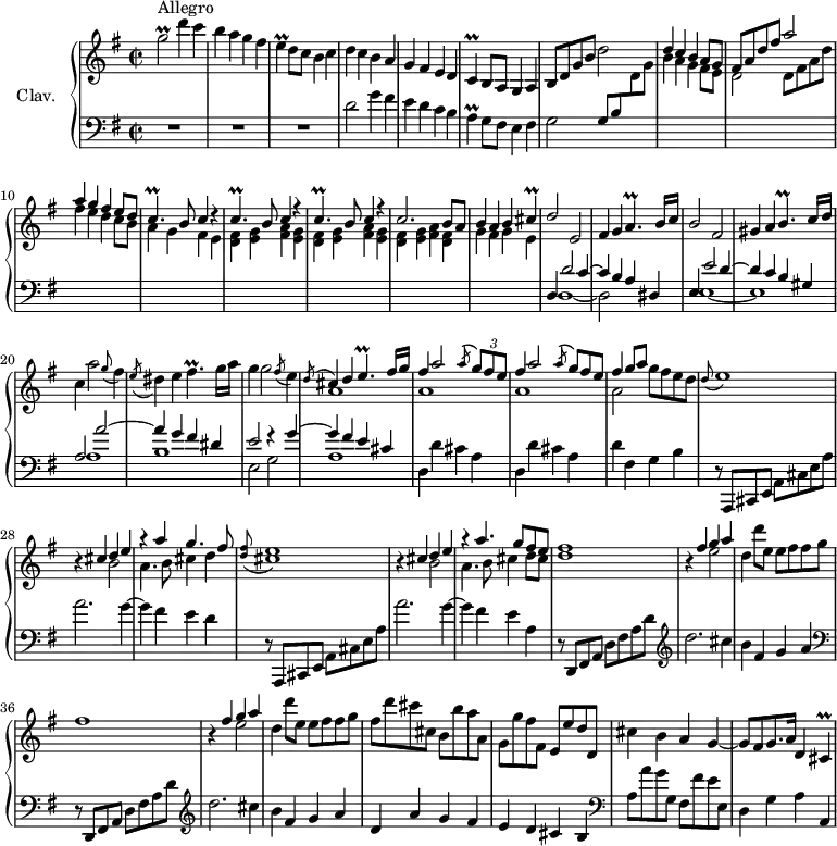 \version "2.18.2"
\header {
tagline = ##f
% composer = "Domenico Scarlatti"
% opus = "K. 522"
% meter = "Allegro"
}
%% les petites notes
trillgbUp = { \tag #'print { g'2\prall } \tag #'midi { a32 g a g~ g4. } }
trillE = { \tag #'print { e4\prall } \tag #'midi { fis32 e fis e~ e8 } }
trillC = { \tag #'print { c4\prall } \tag #'midi { d32 c d c~ c8 } }
trillA = { \tag #'print { a4\prall } \tag #'midi { b32 a b a~ a8 } }
trillCp = { \tag #'print { c4.\prall } \tag #'midi { d32 c d c~ c4 } }
trillAp = { \tag #'print { a4.\prall } \tag #'midi { b32 a b a~ a4 } }
trillBp = { \tag #'print { b4.\prall } \tag #'midi { c32 b c b~ b4 } }
trillCis = { \tag #'print { cis4\prall } \tag #'midi { d32 cis d cis~ cis8 } }
trillEp = { \tag #'print { e4.\prall } \tag #'midi { fis32 e fis e~ e4 } }
trillFisp = { \tag #'print { fis4.\prall } \tag #'midi { g32 fis g fis~ fis4 } }
upper = \relative c'' {
\clef treble
\key g \major
\time 2/2
\tempo 2 = 72
s8*0^\markup{Allegro}
\trillgbUp d'4 c b a g fis | \trillE d8 c b4 c | d c b a | g fis e d |
% ms. 6
\trillC b8 a g4 a | b8 d g b d2 | \stemUp d4 c b a8 g | fis a d fis a2 | a4 g fis e8 d |
% ms. 11
\repeat unfold 3 { \trillCp b8 c4 r4 } | c2. b8 a | b4 a b \trillCis |
% ms. 16
d2 e, | fis4 g \trillAp b16 c | b2 fis | gis4 a \trillBp c16 d \stemNeutral | c4 a'2 \appoggiatura g8 fis4 |
% ms. 21
\acciaccatura e8 dis4 e \trillFisp g16 a | g4 g2 \acciaccatura fis8 e4 |
<< { \acciaccatura d8 \stemUp cis4 d \trillEp fis16 g | \repeat unfold 2 { fis4 a2 \acciaccatura a8 \times 2/3 { g8 fis e } \omit TupletNumber } }
\\ { a,1 a a } >>
% ms. 26
<< { fis'4 g8 a } \\ { a,2 } >> g'8 fis e d | \appoggiatura d8 e1 | r4
<< { cis4 d e r4 a4 g4. fis8 }
\\ { s4 b,2 | a4. b8 cis4 d } >>
% ms. 30
\appoggiatura < d fis >8 < cis e >1 |
r4 << { cis4 d e r4 a4. g8 fis e }
\\ { s4 b2 | a4. b8 cis4 d8 cis } >> | < d fis >1
% ms. 34
r4 << { fis4 g a } \\ { s4 e2 } >> | d4 d'8 e, e fis fis g | fis1 | r4 << { fis4 g a } \\ { s4 e2 } >> | d4 d'8 e, e fis fis g |
% ms. 39
fis8 d' cis cis, b b' a a, | g g' fis fis, e e' d d, | cis'4 b a g~ | g8 fis g8. a16 d,4 \trillCis
}
lower = \relative c' {
\clef bass
\key g \major
\time 2/2
% ************************************** \appoggiatura a16 \repeat unfold 2 { } \times 2/3 { } \omit TupletNumber
R1*3 | d2 g4 fis | e d c b |
% ms. 6
\trillA g8 fis e4 fis | g2 g8 b \stemDown \change Staff = "upper" d g | b4 a g fis8 e | d2 d8 fis a d | fis4 e d c8 b |
% ms. 11
a4 g fis e | \repeat unfold 2 { < d fis > < e g > < fis a > < e g > } | < d fis > < e g > < fis a > < d fis > | g fis g e \stemNeutral \change Staff = "lower" |
% ms. 16
<< { d,4 d'2 c4 ~ | c b a dis, | e4 e'2 d4~ | d c b gis | a2 a'2~ | a4 g fis dis }
\\ { d,1~ | d2 s2 | e1~ | e | a1 | b } >>
% ms. 22
<< { e2 r4 g4~ | g fis e cis } \\ { e,2 g | a1 } >> | \repeat unfold 2 { d,4 d' cis a }
% ms. 26
d4 fis, g b | r8 a,,8 cis e a cis e a | a'2. g4~ | g fis e d |
% ms. 30
r8 a,,8 cis e a cis e a | a'2. g4~ | g fis e a, | \repeat unfold 2 { \clef bass r8 d,,8 fis a d fis a d \clef treble |
% ms. 34
d'2. cis4 | b fis g a } |
% ms. 39
d,4 a' g fis | e d cis b \clef bass | a8 a' g g, fis fis' e e, | d4 g a a, |
}
thePianoStaff = \new PianoStaff <<
\set PianoStaff.instrumentName = #"Clav."
\new Staff = "upper" \upper
\new Staff = "lower" \lower
>>
\score {
\keepWithTag #'print \thePianoStaff
\layout {
#(layout-set-staff-size 17)
\context {
\Score
\override TupletBracket.bracket-visibility = ##f
\override SpacingSpanner.common-shortest-duration = #(ly:make-moment 1/2)
\remove "Metronome_mark_engraver"
}
}
}
\score {
\keepWithTag #'midi \thePianoStaff
\midi { \set Staff.midiInstrument = #"harpsichord" }
}