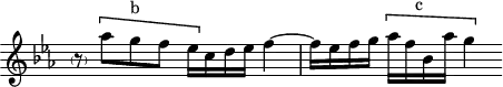
\version "2.18.2"
\header {
  tagline = ##f
}

\score {
  \new Staff \with {
    \remove "Time_signature_engraver"
  }
<<
  \relative c'' {
    \key ees \major
    \time 4/4

     %% CONTRE-SUJET fugue CBT I-7, BWV 852, mi-bémol majeur
    \parenthesize r8 \[ aes'8 g^\markup{b} f ees16 \] c d ees f4~ f16 ees f g \[ aes f^\markup{"  c"} bes, aes' g4 \]

  }
>>
  \layout {
     \context { \Score \remove "Metronome_mark_engraver" 
     \consists "Horizontal_bracket_engraver"
     }
  }
  \midi {} 
}
