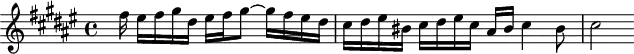 
\version "2.18.2"
\header {
  tagline = ##f
}

\score {
  \new Staff \with {

  }
<<
  \relative c'' {
    \clef treble 
    \key fis \major
    \time 4/4

     %% Fugue CBT I-13, BWV 858, fa dièse majeur — contre-sujet
     \partial 2..
     s16 fis16 eis fis gis dis eis fis gis8~ gis16 fis eis dis cis dis eis bis cis dis eis cis ais bis cis4 bis8 cis2

  }
>>
  \layout {
     \context { \Score \remove "Metronome_mark_engraver" }
  }
  \midi {} 
}
