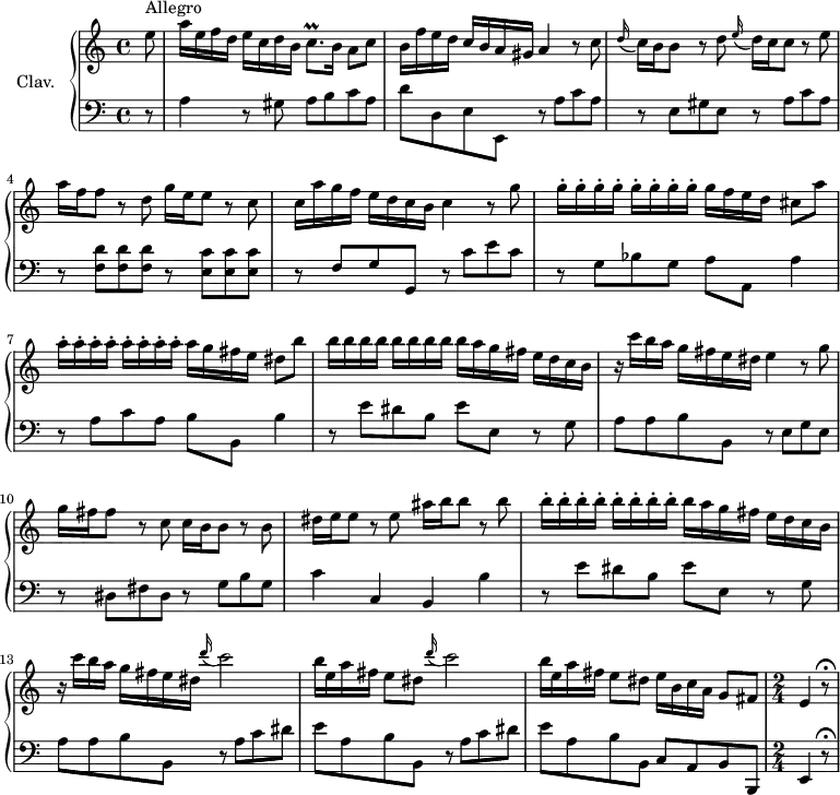 
\version "2.18.2"
\header {
  tagline = ##f
}

%% les petites notes
trillCqp     = { \tag #'print { c8.\prall } \tag #'midi { d32 c d c~ c16 } }

upper = \relative c'' {
  \clef treble 
  \key a \minor
  \time 4/4
  \tempo 4 = 90
  \set Staff.midiInstrument = #"harpsichord"
  \override TupletBracket.bracket-visibility = ##f

    \partial 8
    s8*0^\markup{Allegro}
    e8 | a16 e f d e c d b \trillCqp b16 a8 c | b16 f' e d c b a gis a4 r8 c8 |
    % ms. 3
     \appoggiatura d16 c16 b b8 r8 d8 \appoggiatura e16 d16 c c8 r8 e8 | a16 f f8 r8 d8 g16 e e8 r8 c8 | c16 a' g f e d c b c4 r8 g'8 |
    % ms. 6
    \repeat unfold 8 { g16-. } g16 f e d cis8 a' | \repeat unfold 8 { a16-. } a16 g fis e dis8 b' |
    % ms. 8
     \repeat unfold 8 { b16 } b16 a g fis e d c b | r16 c'16 b a g fis e dis e4 r8 g8 | g16 fis fis8 r8 c8 c16 b b8 r8 b8 |
    % ms. 11
    dis16 e e8 r8 e8 ais16 b b8 r8 b8 | \repeat unfold 8 { b16-. } b16 a g fis e d c b | r16 c'16 b a g fis e dis \repeat unfold 2 { \appoggiatura d'16 c2 |
    % ms. 14
    b16 e, a fis e8 dis } e16 b c a g8   \tempo 4 = 66 fis |  \time 2/4   \tempo 4 = 30 e4 r8\fermata 

}

lower = \relative c' {
  \clef bass
  \key a \minor
  \time 4/4
  \set Staff.midiInstrument = #"harpsichord"

    % **************************************
     r8 | a4 r8 gis8 a b c a | d d, e e, r8 a' c a |
     % ms. 3
     r8 e gis e r8 a c a | r8 < f d' >8 q q r8 < e c' > q q | r8 f8 g g, r8 c' e c |
     % ms. 6
     r8 g8 bes g a a, a'4 | r8 a8 c a b b, b'4 |
     % ms. 8
     r8 e8 dis b e e, r8 g8 | a a b b, r8 e g e | r8 dis fis dis r8 g b g |
     % ms. 11
     c4 c, b b' | r8 e8 dis b e e, r8 g | a a b b, r8 a' c dis |
     % ms. 14
     e8 a, b b, r8 a' c dis | e a, b b, c a b b, |  \time 2/4 e4 r8\fermata \break \bar ".|:"

}

thePianoStaff = \new PianoStaff <<
    \set PianoStaff.instrumentName = #"Clav."
    \new Staff = "upper" \upper
    \new Staff = "lower" \lower
  >>

\score {
  \keepWithTag #'print \thePianoStaff
  \layout {
      #(layout-set-staff-size 17)
    \context {
      \Score
     \override SpacingSpanner.common-shortest-duration = #(ly:make-moment 1/2)
      \remove "Metronome_mark_engraver"
    }
  }
}

\score {
  \keepWithTag #'midi \thePianoStaff
  \midi { }
}
