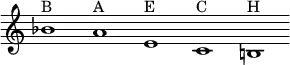 
\new Staff {
  \relative c'' {
    \override Staff.TimeSignature #'stencil = ##f
    \override Staff.BarLine #'stencil = ##f
     bes1^B a^A e^E c^C b!^H 
  }
}
\midi {
  \context {
    \Score
    tempoWholesPerMinute = #(ly:make-moment 60 1)
  }
}
