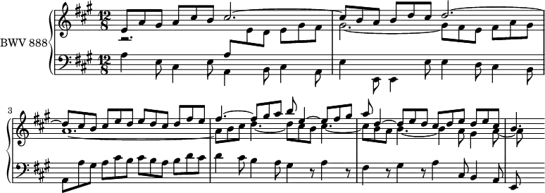 
\version "2.18.2"
\header {
  tagline = ##f
}

upper = \relative c' {
  \clef treble 
  \key a \major
  \time 12/8
  \tempo 4. = 72
  \set Staff.midiInstrument = #"harpsichord" 

   %% PRÉLUDE CBT II-19, BWV 888, la majeur
        << { e8 a gis a cis b cis2.~ | cis8 b a b d cis d2.~ d8 cis b cis e d e d cis d fis e fis4.~ fis8 gis a b e,4~ e8 fis gis a d,4~ d8 e d cis d e d e cis | b4. } \\ { r2. \stemUp \change Staff = "lower" a,8 \stemDown \change Staff = "upper" e' d e gis fis gis2.~ gis8 fis e fis a gis a1.~ a8 b cis d4.~ d8 cis b cis4.~ cis8 b a b4.~ b4 a8 gis4 a8~ a8 } >> 
   
}

lower = \relative c' {
  \clef bass 
  \key a \major
  \time 12/8
  \set Staff.midiInstrument = #"harpsichord" 
  
   \stemDown a4 e8 cis4 e8 a,4 b8 cis4 a8 e'4 e,8 e4 e'8 e4 d8 cis4 b8 a a' gis a cis b cis b a b d cis | d4 cis8 b4 a8 gis4 r8 a4 r8 fis4 r8 gis4 r8 a4 \stemUp cis,8 b4 a8 e
    
} 

\score {
  \new PianoStaff <<
    \set PianoStaff.instrumentName = #"BWV 888"
    \new Staff = "upper" \upper
    \new Staff = "lower" \lower
  >>
  \layout {
    \context {
      \Score
      \remove "Metronome_mark_engraver"
    }
  }
  \midi { }
}
