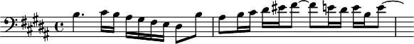 
\version "2.18.2"
\header {
  tagline = ##f
}

\score {
  \new Staff \with {

  }
<<
  \relative c' {
    \clef bass
    \key b \major
    \time 4/4

     %% FUGUE-contre-sujet CBT I-23, BWV 868, si majeur
     b4. cis16 b ais gis fis e dis8 b' ais b16 cis dis eis fis8~ fis e16 dis e b e8~ \hideNotes e16
  }
>>
  \layout {
     \context { \Score \remove "Metronome_mark_engraver" }
  }
  \midi {} 
}
