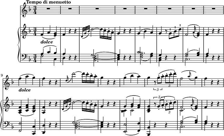 
\version "2.18.2"
\header {
  tagline = ##f
}
upper = \relative c'' {
           \key f \major
           \time 3/4
           \tempo  "Tempo di menuetto"
           \tempo 4 = 120
        f,4 _  \markup \bold  \italic  {"dolce"} (a <e g>)
        f r r
        \grace {d32 (g bes)} d2 ~ d16 c-. bes-. a-.
        g4 r r
        g (bes a)
        g r8 g-! bes-! d-!
        f,2 ^ (\grace a32 _\(<e g>4\))
        f4 r r
       <a, c f> (<c f a> <bes e g>) <a f'> r r
       \grace {d32 (g bes)} d2 ~ d16 c-. bes-. a-.
        g4 r r
        <<{\stemDown <bes, c>4 c2 } \\ { \stemUp g'4 ^(<g bes> <f a>) }>>
        <bes, d g>4  \tuplet 3/2 {r8 g'-. (a-.}  \tuplet 3/2 {bes-. c-. d-.)}
        <<{\stemDown  \relative c' {c2.}}  \\ { \stemUp  \relative c'' { f,2 ^( \grace a32 _\(<e g>4\))}} >> f,4 r r
         }                 
lower = \relative c {
         \clef bass 
                  \key f \major
                  \time 3/42
     <<{\stemDown  \relative c { f2 c4 d d\rest d\rest <bes d f>2. (<c e>4) d\rest d\rest  <e g bes>2 _ (<f a>4) <bes, d>  d\rest d\rest c2.   f4}} \\ { \stemUp  \relative c { a'4 ^(c bes) a s s g2. (g4) s s c2. g4 s s <f a>2 ^(<g bes>4) a}}>>
     r4 r <f, f'>2 <c c'>4 <d d'> r r 
     <<{\stemDown  \relative c { <bes d f>2. (<c e>4) }}  \\ { \stemUp  \relative c {g'2. (g4)}} >> r4 r
     <e e'> 2 (<f f'>4) <bes, bes'> r r
     <<{\stemDown  \relative c {c2. f4}}  \\ { \stemUp  \relative c { <f a>2 ^ (<g bes>4) <f a>}} >> r4 r
       }  
vl = \relative c' {
              \key f \major
              \time 3/4
      R1 * 3/4 ^ \markup \bold {{"Tempo di menuetto"}}
     \repeat unfold 7 { R1 * 3/4}
      f'4_ \markup \bold  \italic  {"dolce"}  (a g) f r r
      \grace  d16 (d'2)  ~ d16 c-. bes-. a-. g4 r r
      g (bes a) g   \tuplet 3/2 {r8 g-. (a-.}  \tuplet 3/2 {bes-. c-. d-.)}
      f,2  (\grace a16 _ \(g4\)) f r r
    }
                 
\score {
    \new GrandStaff <<
   \new PianoStaff <<  
    \new Staff = "upper" \upper
    \new Staff = "lower" \lower
  >>
   \new Staff = "vl" \vl
    >>
    \layout {
    \context {
      \Score
      \remove "Metronome_mark_engraver"
    }
  }
  \midi { }
}

