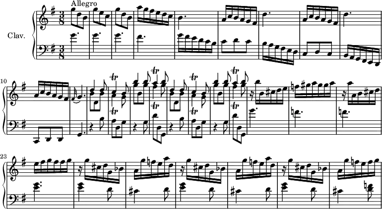 
\version "2.18.2"
\header {
  tagline = ##f
}

%% les petites notes
trillA         = { \tag #'print { a4\trill } \tag #'midi { b32 a b a~ a8 } }
trillC         = { \tag #'print { c4\trill } \tag #'midi { d32 c d c~ c8 } }
trillFis       = { \tag #'print { fis4\trill } \tag #'midi { g32 fis g fis~ fis8 } }

upper = \relative c'' {
  \clef treble 
  \key g \major
  \time 3/8
  \tempo 4. = 72
  \set Staff.midiInstrument = #"harpsichord"

      s8*0^\markup{Allegro}
      g'8 d b | g' e c | g' d b | a'16 g fis e d c | b4. | a16 c b a g fis |
      % ms. 7
      \repeat unfold 2 { d'4. | a16 c b a g fis } | \appoggiatura fis32   \tempo 4. = 45 g4. |   \tempo 4. = 72 \repeat unfold 2 { << { d'4 d8 | \trillC b8 | b'4 b8 | \trillA b8 } \\ { b,8 d, b' | \trillA g8 | g'8 b, g' | \trillFis g8 } >> } |
      % ms. 20
      r16 b16 b, cis d e | f gis a gis gis a | r16 a a, b cis d | e fis g fis fis g | r16 g16 cis, d g, bes |
      % ms. 25
      \repeat unfold 2 { a16 g' f e a d, | r16 g16 cis, d g, bes } | a16 g' f e f g |
      % ms. 30
      

}

lower = \relative c' {
  \clef bass
  \key g \major
  \time 3/8
  \set Staff.midiInstrument = #"harpsichord"

    % **************************************
      \repeat unfold 3 { g'4. } fis4. | g16 fis e d c b | c8 d c | 
      % ms. 7
      b16 a g fis e d | c8 d c | b16 a g fis e d | c8 d d | g4. | \repeat unfold 2 { r4 b'8 |
      % ms. 13
      a8 d, g | r4 g8 | d' d, g, } |
      % m. 20
      g''4. f f < e g >4. \repeat unfold 2 { q4 d8 |
      % ms. 25
      cis4 d8 } | < e g >4 d8 | cis4 < d f >8 |
      % ms. 30
      

}

thePianoStaff = \new PianoStaff <<
    \set PianoStaff.instrumentName = #"Clav."
    \new Staff = "upper" \upper
    \new Staff = "lower" \lower
  >>

\score {
  \keepWithTag #'print \thePianoStaff
  \layout {
      #(layout-set-staff-size 17)
    \context {
      \Score
     \override SpacingSpanner.common-shortest-duration = #(ly:make-moment 1/2)
      \remove "Metronome_mark_engraver"
    }
  }
}

\score {
  \keepWithTag #'midi \thePianoStaff
  \midi { }
}
