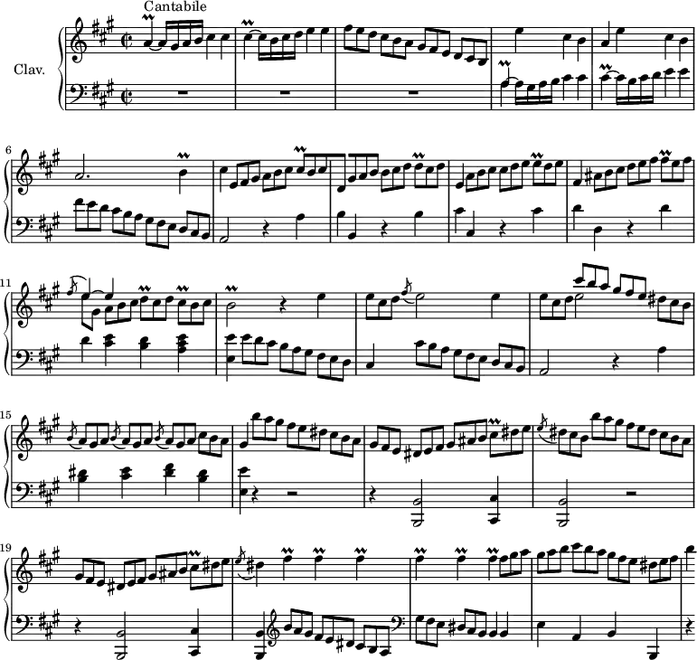 
\version "2.18.2"
\header {
  tagline = ##f
  % composer = "Domenico Scarlatti"
  % opus = "K. 536"
  % meter = "Cantabile"
}

%% les petites notes
trillA         = { \tag #'print { a4\prall~ } \tag #'midi { b32 a b a~ a8~ } }
trillCis       = { \tag #'print { cis4\prall~ } \tag #'midi { d32 cis d cis~ cis8~ } }
trillB         = { \tag #'print { b4\prall } \tag #'midi { cis32 b cis b~ b8 } }
trillCisq      = { \tag #'print { cis8\prall[ } \tag #'midi { d32 cis d cis } }
trillDq        = { \tag #'print { d8\prall } \tag #'midi { e32 d e d } }
trillEq        = { \tag #'print { e8\prall } \tag #'midi { fis32 e fis e } }
trillFisq      = { \tag #'print { fis8\prall } \tag #'midi { gis32 fis gis fis } }
trillBb        = { \tag #'print { b2\prall } \tag #'midi { cis32 b cis b~ b8~ b4 } }
trillFis       = { \tag #'print { fis4\prall } \tag #'midi { gis32 fis gis fis~ fis8 } }
trillCisDisq   = { \tag #'print { cis8\prall[ } \tag #'midi { dis32 cis dis cis } }

upper = \relative c'' {
  \clef treble 
  \key a \major
  \time 2/2
  \tempo 2 = 66
  \set Staff.midiInstrument = #"harpsichord"
  \override TupletBracket.bracket-visibility = ##f

      s8*0^\markup{Cantabile}
      \trillA a16 gis a b cis4 cis \trillCis cis16 b cis d e4 e | 
      \omit TupletNumber \times 2/3 { fis8 e d } \times 2/3 { cis8[ b a] } \times 2/3 { gis8 fis e } \times 2/3 { d8[ cis b] } |
      % ms. 4
      s4 e'4 cis b | a e' cis b | a2. \trillB | cis4 \times 2/3 { e,8 fis gis } \times 2/3 { a8[ b cis] } \times 2/3 { \trillCisq b8 cis }
      % ms. 8
      d,4 \times 2/3 { gis8[ a b] } \times 2/3 { b8[ cis d] } \times 2/3 { \trillDq cis8 d } | e,4 \times 2/3 { a8[ b cis] } \times 2/3 { cis8[ d e] } \times 2/3 { \trillEq d8 e } | fis,4  \times 2/3 { ais8 b cis } \times 2/3 { d8[ e fis] } \times 2/3 { \trillFisq e8 fis } |
      % ms. 11
      << { \acciaccatura fis8 \stemUp e4~ e } \\ { e8 gis, \omit TupletNumber \times 2/3 { a8[ b cis] } } >> \times 2/3 { \trillDq cis d } \times 2/3 { \trillCisq b8 cis] } | \trillBb r4 e4 | \times 2/3 { e8[ cis d] } \acciaccatura fis8 e2 e4 |
      % ms. 14
      \times 2/3 { e8[ cis d] } << { \omit TupletNumber \times 2/3 { cis' b a } \times 2/3 { gis8[ fis e] } } \\ { e2 } >> \times 2/3 { dis8 cis b } | \repeat unfold 3 { \times 2/3 { \acciaccatura b8 a8[ gis a] } } \times 2/3 { cis8[ b a] } | gis4 \times 2/3 { b'8[ a gis] } \times 2/3 { fis8 e dis } \times 2/3 { cis8[ b a] }
      % ms. 17
      \times 2/3 { gis8 fis e } \times 2/3 { dis8[ e fis] } \times 2/3 { gis8 ais b } \times 2/3 { \trillCisDisq dis e] } |
      \times 2/3 { \acciaccatura e8 dis8 cis b } \times 2/3 { b'8[ a gis] } \times 2/3 { fis8 e dis } \times 2/3 { cis8[ b a] } |
      \times 2/3 { gis8 fis e } \times 2/3 { dis8[ e fis] } \times 2/3 { gis8 ais b } \times 2/3 { \trillCisDisq dis e] } |
      % ms. 20
      \acciaccatura e8 dis4 \repeat unfold 6 { \trillFis } \times 2/3 { fis8 gis a } | \times 2/3 { gis8[ a b] } \times 2/3 { cis8 b a } \times 2/3 { gis8[ fis e] }  \times 2/3 { dis8[ e fis] } |
      % ms. 23
      b4

}

lower = \relative c' {
  \clef bass
  \key a \major
  \time 2/2
  \set Staff.midiInstrument = #"harpsichord"
  \override TupletBracket.bracket-visibility = ##f

    % ************************************** \appoggiatura a16  \repeat unfold 2 {  } \times 2/3 { }   \omit TupletNumber 
      R1*3 |
      % ms. 4
      << { \trillA } \\ { a4^~ a16 gis a b cis4 cis } >> \trillCis cis16 b cis d e4 e |  \omit TupletNumber \times 2/3 { fis8 e d } \times 2/3 { cis8[ b a] } \times 2/3 { gis8 fis e } \times 2/3 { d8[ cis b] } | a2 r4 a'4 |  
      % ms. 8
      b4 b, r4 b' | cis cis, r4 cis'4 d d, r4 d'4 | 
      % ms. 11
      d4 < cis e >4 < b d > < a cis e > | < e e' > \times 2/3 { e'8 d cis } | \times 2/3 { b8[ a gis] } \times 2/3 { fis8 e d } | cis4 \times 2/3 { cis'8 b a } | \times 2/3 { gis8[ fis e] } \times 2/3 { d8 cis b }
      % ms. 14
      a2 r4 a'4 | < b dis >4 < cis e > < dis fis > < b dis > | < e, e' > r4 r2 |
      % ms. 17
      r4 < b, b' >2 < cis cis' >4 | < b b' >2 r2 | r4 < b b' >2 < cis cis' >4 |
      % ms. 20
      < b b' >4   \clef treble \times 2/3 { b'''8 a gis } \times 2/3 { fis8[ e dis] } \times 2/3 { cis8 b a } |   \clef bass \times 2/3 { gis8[ fis e] } \times 2/3 { dis8 cis b } b4 b | e a, b b, 
      % ms. 23
      r4 

}

thePianoStaff = \new PianoStaff <<
    \set PianoStaff.instrumentName = #"Clav."
    \new Staff = "upper" \upper
    \new Staff = "lower" \lower
  >>

\score {
  \keepWithTag #'print \thePianoStaff
  \layout {
      #(layout-set-staff-size 17)
    \context {
      \Score
     \override SpacingSpanner.common-shortest-duration = #(ly:make-moment 1/2)
      \remove "Metronome_mark_engraver"
    }
  }
}

\score {
  \keepWithTag #'midi \thePianoStaff
  \midi { }
}
