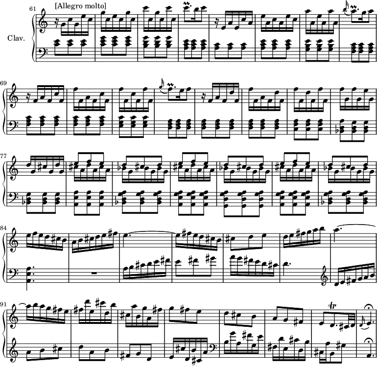 
\version "2.18.2"
\header {
  tagline = ##f
}

%% les petites notes
trillCqpUp     = { \tag #'print { c'8.\prall } \tag #'midi { d32 c d c~ c16 } }
trillAqpAppo   = { \tag #'print { \appoggiatura b'16 a8.\prall } \tag #'midi { b32 a b a~ a16 } }
trillCqpAppo   = { \tag #'print { \appoggiatura g'16 f8.\prall } \tag #'midi { g32 f g f~ f16 } }
trillCqp       = { \tag #'print { d8.\trill } \tag #'midi { e32 d e d~ d16 } }

upper = \relative c'' {
  \clef treble 
  \key c \major
  \time 3/8
  \tempo 4. = 86
  \set Staff.midiInstrument = #"harpsichord"
  \set Score.currentBarNumber = #61
  \omit Staff.TimeSignature
    \bar ""

     s8*0^\markup{[Allegro molto]}
     r16 g16 c g e' c | g' c, e c g' c, | c' c, g' c, c' c, | \trillCqpUp b16 c8 |
     % ms. 65
     r16 e,, a e c' a e' a, c a e' c | a' a, e' a, a' a, | \trillAqpAppo g16 a8 |
     % ms. 69
     r16 f,16 a f c' f, | f' f, a f c' f, | f' f, c' f, f' f, | \trillCqpAppo e16 f8 |
     % ms. 73
     r16 f,16 a f d' f, | f' f, a f d' f, | f' f, d' f, f' f, | f' g, f' g, e' g, | d' g, cis g d' g, |
     % ms. 78
     \repeat unfold 3 { << { e'8 f e | d cis d } \\ { cis16 a d a cis a | \repeat unfold 3 { bes g } |  } >> } |
     % ms. 84
     e'16 f e d cis b | a b cis d e fis | e4.~ | e16 fis e d cis b | cis8 d e |
     % ms. 89
     d16 e fis g a b | a4.~ | a16 b a g fis e  | fis d' e, cis' d, b' | cis, a' b, g' a, fis'  | g8 fis e |
     % ms. 95
     d8 cis b | a g fis | e \trillCqp cis32 d | \appoggiatura d16 e4.\fermata |

}
 
lower = \relative c' {
  \clef bass
  \key c \major
  \time 3/8
  \set Staff.midiInstrument = #"harpsichord"
  \omit Staff.TimeSignature

    % **************************************
     < c e >8-\tweak stencil ##f \p q q | < c e g > q q | < b d g > q q | < a c e > q q | < a c > q q |
     % ms. 66
     < a c e >8 q q | < g b e > q q | \repeat unfold 9 { < f a c >8 } | < e g c > q q |
     % ms. 72
     \repeat unfold 9 { < d f a >8 } | < c f a > q q | < bes d a' > < bes d g > q | q q q |
     % ms. 78
     < a e' a >8 q q | < bes d g a > q q | < a e' g a > q q | < g d' g a > q q | < a e' g a > q q |
     % ms. 83
     < bes d g a >8 q q | < a e' a >4. R4. |  a'16-\tweak stencil ##f \f b cis d e fis | e8 fis gis | a16 g fis e d cis |
     % ms. 89
     d4.   \clef treble  d16 e fis g a b | a8 b cis | d a b | fis g d | e16 cis' d, b' cis, a' |   \clef bass
     % ms. 95
     b, g' a, fis' g, e' | fis, d' e, cis' d, b' | cis, a' b,8 gis' | a,4.\fermata

} 

thePianoStaff = \new PianoStaff <<
    \set PianoStaff.instrumentName = #"Clav."
    \new Staff = "upper" \upper
    \new Staff = "lower" \lower
  >>

\score {
  \keepWithTag #'print \thePianoStaff
  \layout {
      #(layout-set-staff-size 17)
    \context {
      \Score
     \override SpacingSpanner.common-shortest-duration = #(ly:make-moment 1/2)
      \remove "Metronome_mark_engraver"
    }
  }
}

\score {
  \keepWithTag #'midi \thePianoStaff
  \midi { }
}
