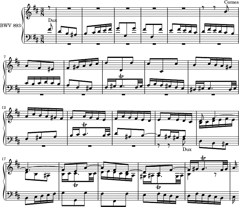 
\version "2.18.2"
\header {
  tagline = ##f
}

Trillaishp = { \tag #'print { ais8.\trill } \tag #'midi { b32 ais b ais~ ais16  }  }
Trillcishp = { \tag #'print { cis8.\trill } \tag #'midi { d32 cis d cis~ cis16  }  }
Trillgishp = { \tag #'print { gis8.\trill } \tag #'midi { a32 gis a gis~ gis16  }  }

Dux   = { s4*0-\markup{Dux} fis8 d b ais b cis16 d e fis g8 g, g' fis fis, fis' e fis16 e d cis d fis e d cis b cis }
Comes = { s4*0-\markup{Comes} b8 a fis eis fis gis16 a b cis d8 d, d' cis cis, cis' b cis16 b a gis a cis b a gis fis }

upper = \relative c'' {
  \clef treble 
  \key b \minor
  \time 3/8
  \tempo 4. = 56
  \set Staff.midiInstrument = #"harpsichord" 

   %% FUGUE CBT II-2, BWV 893, si mineur
   \partial 8
   << { r8 R4.*5 r8 r8 \Comes g8 a16 g fis e | fis a g fis e d  | e8 fis16 e d cis | d8 fis4~ fis4.~ fis8 e a~ a fis d~ d cis fis~ fis16 gis \Trillgishp fis32 gis a16 } \\ {s8 s4.*15 b,16 cis d e fis e | d8 b ais | b16 cis \Trillcishp b32 cis | d16 e d cis b a | gis ais \Trillaishp gis32 ais | b4 r8 } >>
   
}

lower = \relative c' {
  \clef bass 
  \key b \minor
  \time 3/8
  \set Staff.midiInstrument = #"harpsichord" 

   << { \Dux  b16 cis d cis b | a8 fis eis fis16 gis \Trillgishp fis32 gis | a16 b a gis fis e dis eis eis8. dis32 eis | fis8 gis a | b16 cis \Trillcishp b32 cis | d8 ais b~ | b ais16 gis ais8 } \\ { s8 R4.*14 r8 r8 \relative c { \Dux } } >>
} 


thePianoStaff =  \new PianoStaff <<
    \set PianoStaff.instrumentName = #"BWV 893"
    \new Staff = "upper" \upper
    \new Staff = "lower" \lower
  >>

\score {
  \keepWithTag #'print \thePianoStaff
  \layout {
    \context {
      \Score
      \remove "Metronome_mark_engraver"
    }
  }
}

\score {
  \keepWithTag #'midi \thePianoStaff
  \midi { }
}
