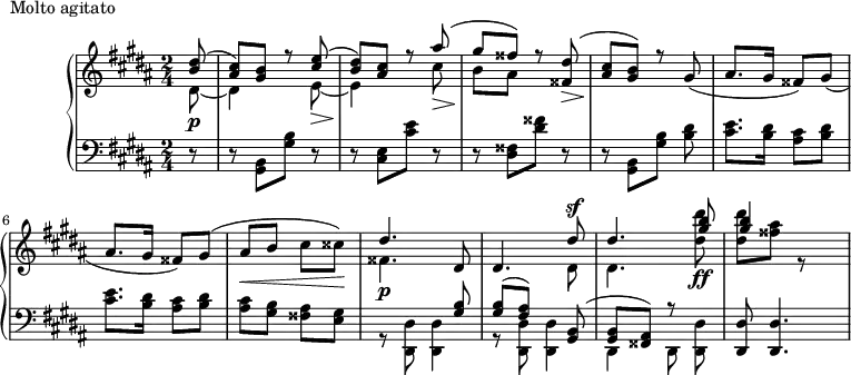 
\version "2.18.2"
\header {
  tagline = ##f
}
upper = \relative c'' {
  \clef treble 
  \key gis \minor
  \time 2/4
  \tempo 4 = 126
  %\autoBeamOff

   %%Montgeroult — Étude 104 (pdf p. 164)
   \partial 8
   << { < dis b >8( < cis ais >) < b gis > r8   < e cis >_\>( < dis b >) \! < cis ais > r8   } \\ { dis,8~\p dis4 s8 e8~ e4 s8 } >>
   << { ais'8( gis fisis) r8   < dis fisis, >(_\> < cis ais >8\! < b gis >) r8 } \\ { cis8\> b\! ais } >>  
   \repeat unfold 2 { gis8( ais8. gis16 fisis8) } gis( ais\< b cis cisis\!)
   << { dis4. s8 s4. dis8^\sf dis4. } \\ { fisis,4.\p \stemUp dis8 dis4. \stemDown dis8 dis4. } >>
   << { < b'' gis >8 } \\ { < dis dis, >8\ff } >>
   << { < b gis >4 } \\ { < dis dis, >8 < ais fisis > r8 s8 } >>

}

lower = \relative c {
  \clef bass
  \key gis \minor
  \time 2/4

   r8 r8  < b gis >8[ < b' gis >] r8 r8 < e, cis >8[ < e' cis >] r8 r8 < fisis, dis >8[ < fisis' dis >] r8 r8
   < b,, gis >8[ < b' gis >] < dis b >
   \repeat unfold 2 { < e cis >8. < dis b >16 < cis ais >8 < dis b > }
   < cis ais >8 < b gis > < ais fisis > < gis e > 
   << { s4 s8 < b gis >8 < b gis >( < ais fis >) s8 < b, gis >8( < b gis > < ais fisis >) r8 } \\ { r8 < dis dis, >8 < dis dis, >4 r8 < dis dis, >8 < dis dis, >4 dis,4 \autoBeamOff dis8 < dis' dis, >8 } >>
   < dis dis, >8 < dis dis, >4.
   

}

  \header {
    piece = "Molto agitato"
  }

\score {
  \new PianoStaff <<
    \new Staff = "upper" \upper
    \new Staff = "lower" \lower
  >>
  \layout {
    \context {
      \Score
      \remove "Metronome_mark_engraver"
    }
  }
  \midi { }
}
