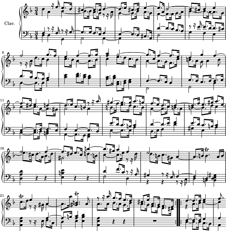 
\version "2.18.2"
\header {
  tagline = ##f
  % composer = "Domenico Scarlatti"
  % opus = "K. 92"
  % meter = "-"
}

%% les petites notes
trillGisBp    = { \tag #'print { < gis, b >4.\trill } \tag #'midi { << { c32 b c b~ b4 } \\ { gis4. } >> } }
trillBp       = { \tag #'print { b4.\trill } \tag #'midi { c32 b c b~ b4 } }
trillCqp      = { \tag #'print { c8.\trill } \tag #'midi { d32 c d c~ c16 } }

upper = \relative c'' {
  \clef treble 
  \key d \minor
  \time 3/4
  \tempo 4 = 82

\repeat volta 2 {
      %s8*0^\markup{Allegro}
      << { s4 s8 r16 f16 e8. d16 | cis4~ cis8. cis16 d4~ | d8. e16 cis8. d16 e4~ | e8. a,16 d2~ |
      % ms. 5
           d8. cis16 d4 e } 
       \\ { d4 a bes~ | bes8. bes16 a8. g16 r8 r16 a16 | g4~ g8. bes16 a8. g16 | f4~ f8. f16 g8. a16 |
      % ms. 5
            bes4~ bes8. a16~ a8. g16 } >>
      % ms. 6
      << { f'2 g8. f16 | e4 f4~ f8. g16 | < f a >4 } 
       \\ { r8 r16 a,16 d8. c16 bes4 | c8. bes16 a4~ a8. bes16 | c4 } >>
      % ms. 8 fin
      << { g'2~ | g8. c,16 f4~ f8. e16 | d4 g f4~ | f8. dis16 e4 d4~ | d8. e16 c8. b!16 } 
       \\ { e8. d16 c8. bes16 | a4~ a8. g16 f8. c'16 | b!8. a16 g8 a4 b8 | c4~ c8. a16~ a8. gis16 | a2 } >>
      % ms. 12 fin
      << { r8 r16 a'16 | gis4~ gis8. gis16 a8. g!16 | f8. e16 d8. c16 d4~ | d8. f16 e8. gis16 a8. e16_~ | \stemDown e8. cis16 d8. a16 } 
       \\ { a4 | b!8. f'16 e8. d16 c8. b16 | a4~ a8. c16 b8. a16 | b!4~ b8. d16 c4 | }
       \\ { s2.*3 s4 f2 } >>
      % ms. 16 fin
      << { f4~ | f8. dis16 e8. c16 b'4~ | b8. gis16 a4 f | e2 } 
       \\ { bes8. d16 | gis,2 d'8. b!16 | c4~ c8. e16 r8 r16 d16 | d8. b!16 c8. gis16 } >> a4~ | a8. b!16 \trillBp a16 b |
      % ms. 21
      \trillCqp d16 
      << { e4 a, } 
       \\ { r8 r16 gis16 a4~ | a8. a'16 } >> 
      \trillGisBp a8 | 
      << { r8 r16 a'16 g8. f16 e8. d16 | cis8. e16 a,8. g16 f8. e16 } 
       \\ { a8. a16 bes8. a16 g8. bes16 | a8. g16 f8. e16 d8. cis16 } >> }%repet
      % ms. 25
      \bar ":..:"
      << { d'4~ d8. d16 e4 | f8. } 
       \\ { r4 a,8. bes16 c4~ c4 } >>

}

lower = \relative c' {
  \clef bass
  \key d \minor
  \time 3/4

\repeat volta 2 {
    % ************************************** \appoggiatura a16  \repeat unfold 2 {  } \times 2/3 { }   \omit TupletNumber 
      << { f,4 r8 r16 f16 r8 r16 g16~ | g8. g16 f8. e16 f4 | e4~ e8. d16 cis8. a16 } 
       \\ { d4 d g, | a2 a4~ | a  } >>
      % ms. 4
      << { d'4~ d8. c16 bes8. a16 } 
       \\ { d,2 s4 } >>
      % ms. 5
      << { r8 r16 e'16~ e8. d16~ d8. cis16 | d8. c16 bes8. a16 | bes4 } 
       \\ { g4 f e | d4~ d8. d16 g4 } >> |
      < c e >4 < d f >8. < c e >16 < bes d >4 | < a c >8. < bes d >16 < c, e >8. < d f >16 < e g >4 |
      % ms. 9
      << { f4~ f8. e16 d4 | g8. f16 e8. f16~ f8. g16 | e4~ e8. f16~ f8. e16 | f4 e4~ e8. d16 } 
       \\ { f,2 s4 | g2 d'4 | c4~ c8. d16 < b d >4 | a4~ a8. g16 < f a >4 } >>
      % ms. 13
      << { e''8. d16 c8. b!16 c4 | d4~ d8. e16 f4 | e8. d16 c8. b!16 c4 } 
       \\ { e,4~ e8. e16 a4 | d,8. e16 f4 d' | gis, e a } >> |
      < d, a' d >4 r4 r4
      % ms. 17
      < e b' e >4 r4 r4 | 
      << { d'4~ f8. c16 r8 r16 a16 | gis4 r8 r16 e16 f4~ | f d } 
       \\ { f2 d4 | r4 r4 r8 r16 c16 | d4 b } >> < b d e gis >4
      % ms. 21
      < a e' a >4 r8 r16 
      << { s16 a'4~ | a8. b16 < c a >4 } 
       \\ { e,16 f8. c16 | d4 e } >> 
      < e b' d >4 < a, e' a > r4 r4 | R2. }%repet
      % ms. 25
      << { f'4~ f8. f16 g4 | a4 } 
       \\ { d,4~ d8. d16 c8. bes16 | a4 } >>


}

thePianoStaff = \new PianoStaff <<
    \set PianoStaff.instrumentName = #"Clav."
    \new Staff = "upper" \upper
    \new Staff = "lower" \lower
  >>

\score {
  \keepWithTag #'print \thePianoStaff
  \layout {
      #(layout-set-staff-size 17)
    \context {
      \Score
     \override TupletBracket.bracket-visibility = ##f
     \override SpacingSpanner.common-shortest-duration = #(ly:make-moment 1/2)
      \remove "Metronome_mark_engraver"
    }
  }
}

\score {
  \unfoldRepeats
  \keepWithTag #'midi \thePianoStaff
  \midi { \set Staff.midiInstrument = #"harpsichord" }
}

