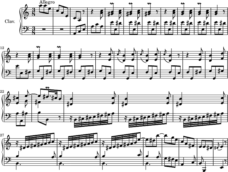 
\version "2.18.2"
\header {
  tagline = ##f
  % composer = "Domenico Scarlatti"
  % opus = "K. 532"
  % meter = "Allegro"
}

%% les petites notes
trillGisB     = { \tag #'print { < gis b >4\prall } \tag #'midi { << { c32 b c b~ b8 } \\ { gis4 } >> } }
trillGB       = { \tag #'print { < g b >4\prall } \tag #'midi { << { c32 b c b~ b8 } \\ { g4 } >> } }
trillDisqqp   = { \tag #'print { dis16.\prall } \tag #'midi { \times 2/3 { dis32 e dis~ } dis } }

upper = \relative c'' {
  \clef treble 
  \key a \minor
  \time 3/8
  \tempo 4. = 88
  \set Staff.midiInstrument = #"harpsichord"
  \override TupletBracket.bracket-visibility = ##f

      s8*0^\markup{Allegro}
      a'8 a e | c a e | c a r8 | r4 < a' c >8 | \repeat unfold 2 { \trillGisB < a c >8 }
      % ms. 7
      \trillGisB r8 | \repeat unfold 2 { r4 < a c >8 | \repeat unfold 2 { \trillGB < a c >8 } | < g b >4 r8 }
      % ms. 16
      r4 \repeat unfold 3 { <e c' >8 \acciaccatura c'8 < d, b' >4 } r8 | r4 < e c' >8
      % ms. 21
      < d b' >4 < f d' >8 < e cis' >4 << { e'8~ e8 \trillDisqqp cis32 b8 } \\ { g8 fis4 } >> | \repeat unfold 3 { < dis b' >4 < e c' >8 }
      % ms. 27
      \repeat unfold 2 { r16 dis32 e fis gis a b c8 } | r16 dis,32 e fis gis a b e8~ | e dis b'~ | b g e | c a fis |
      % ms. 33
      e8 e dis | \appoggiatura dis8 e4 r8 |

}

lower = \relative c' {
  \clef bass
  \key a \minor
  \time 3/8
  \set Staff.midiInstrument = #"harpsichord"
  \override TupletBracket.bracket-visibility = ##f

    % ************************************** \appoggiatura a16  \repeat unfold 2 {  } \times 2/3 { }   \omit TupletNumber 
      R4.*2 | a,8 c e | a c a | \repeat unfold 7 { e' e, dis' } | 
      % ms. 12
      e e, fis | \repeat unfold 3 { g g, fis' }
      % ms. 16
      g g, e' \repeat unfold 3 { f g, e' } | f g, fis' |
      % ms. 21
      g g, gis' | a a, ais' | b b, r8 | \repeat unfold 3 { r16 b32 cis dis e fis gis a8 } | 
      % ms. 27
      << { \repeat unfold 2 { b4 a8 } | b4 c8 | b4 a8 } \\ { \repeat unfold 4 { b,4. } } >> | g'8 fis e  | a,4 c8 |
      % ms. 33
      b8 b,4 | e4 r8 |

}

thePianoStaff = \new PianoStaff <<
    \set PianoStaff.instrumentName = #"Clav."
    \new Staff = "upper" \upper
    \new Staff = "lower" \lower
  >>

\score {
  \keepWithTag #'print \thePianoStaff
  \layout {
      #(layout-set-staff-size 17)
    \context {
      \Score
     \override SpacingSpanner.common-shortest-duration = #(ly:make-moment 1/2)
      \remove "Metronome_mark_engraver"
    }
  }
}

\score {
  \keepWithTag #'midi \thePianoStaff
  \midi { }
}
