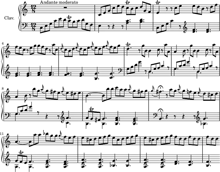 
\version "2.18.2"
\header {
  tagline = ##f
  % composer = "Domenico Scarlatti"
  % opus = "K. 199"
  % meter = "Andante moderato"
}

%% les petites notes
trillCq     = { \tag #'print { c8\trill } \tag #'midi { d32 c d c } }
trillE      = { \tag #'print { e4\trill } \tag #'midi { f32 e f e~ e8 } }
trillGq     = { \tag #'print { g8\trill } \tag #'midi { a32 g a g } }
trillDp     = { \tag #'print { d4.\trill } \tag #'midi { e32 d e d~ d4 } }
trillFq     = { \tag #'print { f8\trill } \tag #'midi { g32 f g f } }

upper = \relative c'' {
  \clef treble 
  \key c \major
  \time 12/8
  \tempo 4. = 68
  \set Staff.midiInstrument = #"harpsichord"
  \override TupletBracket.bracket-visibility = ##f

      s8*0^\markup{Andante moderato}
      R1. | c,8 e g c e d \trillCq b c d g, f | \trillE r8 r8 c'8 e  e d b r8 d f |
      % ms. 4
      f8 e c r8 e g g f d r8 a' c, | \appoggiatura d16 c8 b d \appoggiatura e16 d8 c e \appoggiatura f16 e8 d f \appoggiatura g16 f8 e g | \trillDp r8 \repeat unfold 2 { g8 b, b4 c8 r8 a'8 a, |
      % ms. 7
      a4 b8 r8 } b'8 g \appoggiatura a16 g8 fis e \appoggiatura fis16 e8 dis e | b4.~ b8 b' b c a a \appoggiatura a16 g8 fis g |
      % ms. 10
      \appoggiatura g16 fis4.\fermata r8 a8 g \appoggiatura a16 g8 f e \appoggiatura e16 d8 cis d | a4.~ a8 a' a bes g g  \appoggiatura g16 f8 e f | e cis d e f g e cis d e f g |
      % ms. 13
      e8 cis d e f g \repeat unfold 3 { f d d } |

}

lower = \relative c' {
  \clef bass
  \key c \major
  \time 12/8
  \set Staff.midiInstrument = #"harpsichord"
  \override TupletBracket.bracket-visibility = ##f

    % ************************************** \appoggiatura \repeat unfold 2 {  } \times 2/3 { }
      c,8 e g c e d \trillCq b c d g, f | e4 r8 r4 r8 < a c >4. < b d > | c,8 e g c4 r8    \clef treble  < d f >4. q |
      % ms. 4
      < e g >4. q < f a > q | <f g > < e g > < b g' > < c g' > |   \clef bass  g8 b d g4 r8 \repeat unfold 2 { << { d,8 g a c4 r8 | g8 c d g4 r8 } \\ { \mergeDifferentlyDottedOn d,4. s4. | g4. s4. } >> }
      % ms. 8 fin
      r4 r8   \clef treble  << { a'4. | a8 \trillGq fis8 g4. } \\ { c,4. | b b } >> < b fis' a >4. < b e g >   \clef bass 
      % ms. 10
        \tempo 4. = 55 b,4.\fermata   \tempo 4. = 68 r4 r8 r4 r8 \clef treble  << { g''4. | g8 \trillFq e f4. } \\ { bes,4. | a a } >> < a e' g >4. < a d f > | < a e' a > q < bes g' > q |
      % ms. 13
      < a e' a >4. q < d f > < c f > | < b f' >

}

thePianoStaff = \new PianoStaff <<
    \set PianoStaff.instrumentName = #"Clav."
    \new Staff = "upper" \upper
    \new Staff = "lower" \lower
  >>

\score {
  \keepWithTag #'print \thePianoStaff
  \layout {
      #(layout-set-staff-size 17)
    \context {
      \Score
     \override SpacingSpanner.common-shortest-duration = #(ly:make-moment 1/2)
      \remove "Metronome_mark_engraver"
    }
  }
}

\score {
  \keepWithTag #'midi \thePianoStaff
  \midi { }
}

