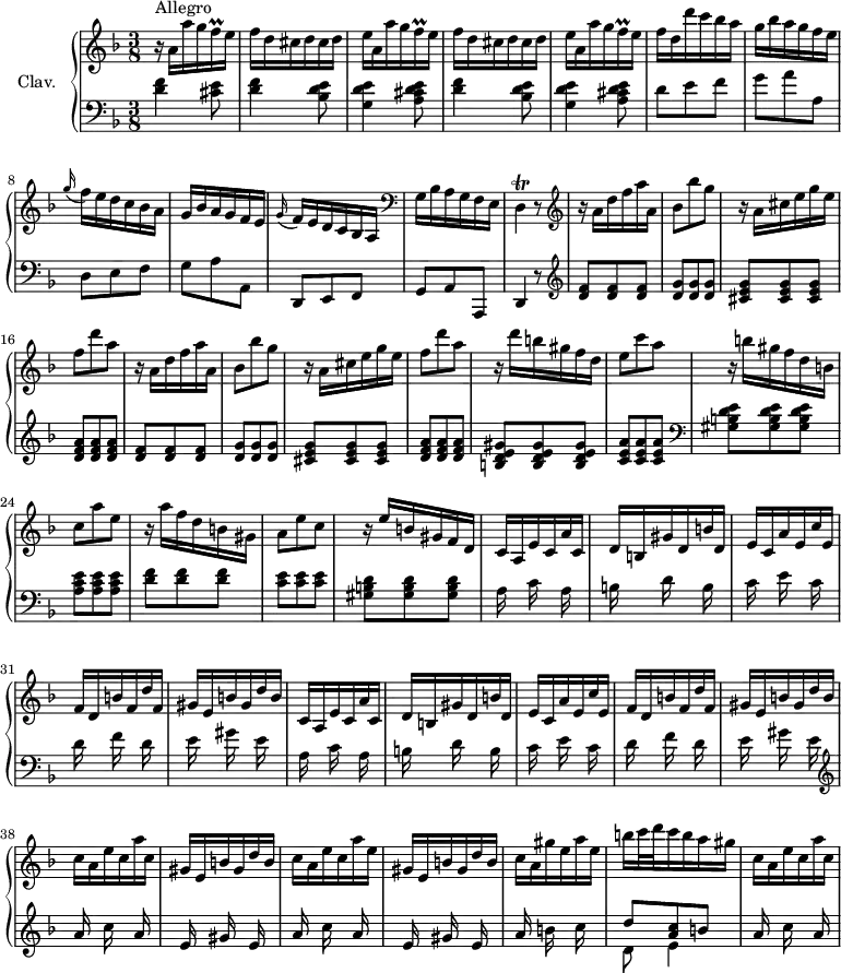 
\version "2.18.2"
\header {
  tagline = ##f
  % composer = "Domenico Scarlatti"
  % opus = "K. 138"
  % meter = "Allegro"
}

%% les petites notes
trillFqq      = { \tag #'print { f16\prall } \tag #'midi { \times 2/3 { f32 e f } } }
trillD        = { \tag #'print { d4\trill } \tag #'midi { e32 d e d~   \tempo 4. = 30 d8   \tempo 4. = 64 } }

upper = \relative c'' {
  \clef treble 
  \key d \minor
  \time 3/8
  \tempo 4. = 64
  \set Staff.midiInstrument = #"harpsichord"
  \override TupletBracket.bracket-visibility = ##f

      s8*0^\markup{Allegro}
      r16 a16 a' g \trillFqq e16 | \repeat unfold 2 { f d cis d cis d | e a, a' g \trillFqq e } |
      % ms. 6
      f d d' c bes a | g bes a g f e | \appoggiatura g16 f e d c bes a | g bes a g f e | \appoggiatura g16 f e d c bes a |   \clef bass
      % ms. 11
      g16 bes a g f e | \trillD r8   \clef treble | \repeat unfold 2 { r16 a''16 d f a a, | bes8 bes' g | r16 a,16 cis e g e | f8 d' a } |
      % ms. 21
      r16 d16 b gis f d | e8 c' a | 
      % ms. 23
      r16 b16 gis f d b | c8 a' e | r16 a16 f d b gis | a8 e' c | r16 e16 b gis f d | \repeat unfold 2 { c a e' c a' c, | 
      % ms. 29
      d16 b gis' d b' d, | e c a' e c' e, | f d b' f d' f, | gis e b' gis d' b } | 
      % ms. 39
      c16 a e' c a' c, | gis e b' gis d' b | c a e' c a' e |
      % ms. 41
       gis, e b' gis d' b | c a gis' e a e | b' c32 d c16 b a gis | c,16 a e' c a' c, |

}

lower = \relative c' {
  \clef bass
  \key d \minor
  \time 3/8
  \set Staff.midiInstrument = #"harpsichord"
  \override TupletBracket.bracket-visibility = ##f

    % ************************************** \appoggiatura a16  \repeat unfold 2 {  } \times 2/3 { }   \omit TupletNumber 
      < d f >4 < cis e >8 | \repeat unfold 2 { < d f >4 < bes d e >8 | < g d' e >4 < a cis d e >8 } 
      % ms. 6
      d8 e f | g a a, | d, e f | g a a, | d, e f |
      % ms. 11
      g a a, | d4 r8 |   \clef treble \repeat unfold 2 { < d'' f >8 q q | < d g > q q | < cis e g > q q | < d f a > q q } |
      % ms. 21
      < b d e gis >8 q q | < c e a > q q |   \clef bass
      % ms. 23
      < gis b d e >8 q q | < a c e > q q | < d f > q q | < c e > q q | < gis b d > q q |
      % ms. 28
      \repeat unfold 2 { a16 s16 c16 s16 a16 s16 | b16 s16 d16 s16 b16 s16 | c16 s16 e16 s16 c16 s16 | d16 s16 f16 s16 d16 s16 | e16 s16 gis16 s16 e16 s16 }  \clef treble
      % ms. 38
      \repeat unfold 2 { a16 s16 c16 s16 a16 s16 |
      % ms. 41
       e16 s16 gis16 s16 e16 s16 } |  a16 s16 b16 s16 c16 s16 | << { d8 < a c > b } \\ { d,8 e4 } >> | a16 s16 c16 s16 a16 s16 | 

}

thePianoStaff = \new PianoStaff <<
    \set PianoStaff.instrumentName = #"Clav."
    \new Staff = "upper" \upper
    \new Staff = "lower" \lower
  >>

\score {
  \keepWithTag #'print \thePianoStaff
  \layout {
      #(layout-set-staff-size 17)
    \context {
      \Score
     \override SpacingSpanner.common-shortest-duration = #(ly:make-moment 1/2)
      \remove "Metronome_mark_engraver"
    }
  }
}

\score {
  \keepWithTag #'midi \thePianoStaff
  \midi { }
}

