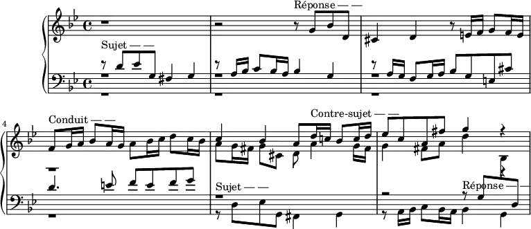 \version "2.14.2"
\header {
tagline = ##f
}
upper = \relative c'' {
\clef treble
\key g \minor
\time 4/4
\tempo 4 = 62
%\autoBeamOff
r1 |
r2 r8^\markup{Réponse — —} g8 bes d, |
cis4 d r8 e!16 f g8 f16 e |
f8^\markup{Conduit — —} g16 a bes8 a16 g a8 bes16 c d8 c16 bes |
<< { c4 bes a8 d16^\markup{Contre-sujet — —} c! bes8 c16 d } \\ { a8 g16 fis g8 cis,8 d a'4 g16 fis } >>
<< { ees'8 c a fis' g4 r4 } \\ { g,4 fis8 a d4 r4 } >>
}
lower = \relative c {
\clef bass
\key g \minor
\time 4/4
<< { r8^\markup{Sujet — —} d'8 ees g, fis4 g } \\ { r1 } \\ { r1 } >>
<< { r8 a16 bes c8 bes16 a bes4 g } \\ { r1 } \\ { r1 } >>
<< { r8 a16 g f8 g16 a bes8 g e! cis' } \\ { r1 } \\ { r1 } >>
<< { d4. e!8 f e f g } \\ { r1 } \\ { r1 } >>
<< { r1 } \\ { r8^\markup{Sujet — —} d,8 ees g, fis4 g } >>
<< { r2 r8^\markup{Réponse — —} g'8 \change Staff = "upper" \stemDown bes \change Staff = "lower" \stemUp d, } \\ { r8 a16 bes c8 bes16 a bes4 g } >>
}
\score {
\new PianoStaff <<
% \set PianoStaff.instrumentName = #"BWV 861"
\new Staff = "upper" \upper
\new Staff = "lower" \lower
>>
\layout {
\context {
\Score
\remove "Metronome_mark_engraver"
}
}
\midi { }
}