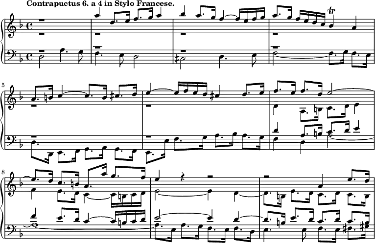 
% d'après édition de 1750 revue par CPE Bach. http://imslp.org/wiki/Special:ReverseLookup/23444
\new PianoStaff <<
  \new Staff = "right" <<
    \relative c''' {
      \key d \minor
      \time 4/4
      \tempo "Contrapuctus 6. a 4 in Stylo Francese."
      r1
      a4 d,8. e16 f8. g16 a4
      bes a8. g16 f4~ f16 e f g
      a8. g16 f e d c bes4\trill a
      a8. b16 c4~ c8. b16 cis8. d16
      e4~ e16 f e d cis4 d8. e16
      f8. e16 f8. d16 e2~
      e8. d16 c8. b16 a8. a'16 g8. f16
      e4 r r2
      r a,4 e'8. d16
    }
    \\
    \relative c' {
      \key d \minor
      \time 4/4
      r1 r r r r r
      d4 a8. b16 c8. d16 e4
      f e8. d16 c4~ c16 b c d
      e2~ e4 d~
      d8. b16 e8. d16 c8. d16c8. b16
    }
  >>
  \new Staff = "left" {
    \clef bass <<
      \relative c' {
        \key d \minor
        \time 4/4
        r1 r r r r r
        d4 a8. b16 c8. d16 e4
        f e8. d16 c4~ c16 b c d
        e2~ e4 d~
        d8. b16 e8. d16 c8. d16c8. b16
      }
      \\
      \relative c {
        \key d \minor
        \time 4/4
        d2 a'4. g8
        f4. e8 d2
        cis d4. e8
        f2~ f8. g16 f8. e16
        d8. d,16 e8. f16 g8. a16 g8. f16
        e8. e'16f8. g16 a8. bes16 a8. g16
        f4 d a'2~
        a1~
        a8. e16 a8. g16 f8. e16 f8. d16
        e4. e8 f8. e16 fis8. gis16
      }
    >>
  }
>>
