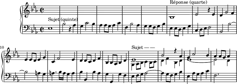 \version "2.14.2"
\header {
tagline = ##f
}
upper = \relative c' {
\clef treble
\key ees \major
\time 2/2
\tempo 2 = 78
\set Staff.midiInstrument = #"harpsichord"
s1*6
bes1^\markup{Réponse (quarte) } ees2 r4 ees4 | d g2 f4 ees ees8 d ees4 g | c, f2 ees4 d d8 c d4 f bes, bes8 aes bes4 d
<< { ees1^\markup{Sujet — — } bes'2 r4 aes4 g c2 bes4 aes aes8 g aes4 } \\ { g,4 aes8 bes c4 bes8 c d4 f bes, d ees1~ ees2 d4 s4 } >>
}
lower = \relative c {
\clef bass
\key ees \major
\time 2/2
\set Staff.midiInstrument = #"harpsichord"
ees1^\markup{Sujet (quinte) } bes'2 r4 aes g c2 bes4 aes aes8 g aes4 c f, bes2 aes4 g g8 f g4 bes
ees,4 ees8 d ees4 g
c,4 d8 ees f2 bes, bes'~ bes a!4 g a4. bes16 a g4 a bes bes, bes' aes g g, g' f
ees f8 g aes2~ aes4 g8 f g4 bes ees, aes8 g aes4 c f,2. s4
}
\score {
\new PianoStaff <<
% \set PianoStaff.instrumentName = #""
\new Staff = "upper" \upper
\new Staff = "lower" \lower
>>
\layout {
\context {
\Score
\override SpacingSpanner.common-shortest-duration = #(ly:make-moment 1/2) % marche pas !
\remove "Metronome_mark_engraver"
}
}
\midi { }
}