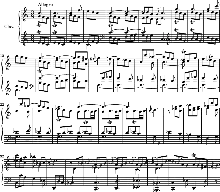 \version "2.18.2"
\header {
tagline = ##f
% composer = "Domenico Scarlatti"
% opus = "K. 133"
% meter = "Allegro"
}
%% les petites notes
trillGq = { \tag #'print { g8\trill } \tag #'midi { a32 g a g } }
trillGqDown = { \tag #'print { g,8\trill } \tag #'midi { a32 g a g } }
trillDqDown = { \tag #'print { d,8\trill } \tag #'midi { e32 d e d } }
trillDq = { \tag #'print { d8\trill } \tag #'midi { e32 d e d } }
trillEesq = { \tag #'print { ees8\trill } \tag #'midi { f32 ees f ees } }
trillCqp = { \tag #'print { c8.\trill } \tag #'midi { d32 c d c~ c16 } }
appoDp = { \tag #'print { \appoggiatura c8 d4. } \tag #'midi { c8 \tempo 4. = 60 d4 \tempo 4. = 94 } }
appG = { \tag #'print { \appoggiatura fis'16 g4 } \tag #'midi { fis8 \tempo 4. = 50 g8 \tempo 4. = 94 } }
appoEp = { \tag #'print { \appoggiatura d16 e4. } \tag #'midi { d8 \tempo 4. = 70 e4 \tempo 4. = 94 } }
appoCp = { \tag #'print { \appoggiatura b16 c4. } \tag #'midi { b8 \tempo 4. = 70 c4 \tempo 4. = 94 } }
trillBqUpUp = { \tag #'print { b''8\trill } \tag #'midi { c32 b c b } }
trillEq = { \tag #'print { e8\trill } \tag #'midi { f32 e f e } }
trillAq = { \tag #'print { a8\trill } \tag #'midi { bes32 a bes a } }
upper = \relative c'' {
\clef treble
\key c \major
\time 3/8
\tempo 4. = 94
\set Staff.midiInstrument = #"harpsichord"
\override TupletBracket.bracket-visibility = ##f
s8*0^\markup{Allegro}
<< { c4. c c4 f8 }
\\ { \repeat unfold 2 { \trillGqDown f e } a8 g f } >> | e'8 d \tempo 4. = 70 c | \tempo 4. = 94 << { c4.~ c~ c8 d b | \appoCp } \\ { \trillGq f8 e | a g f | e f d | \appoEp } >>
% ms. 9
<< { g'4. g g4 c8 }
\\ { \repeat unfold 2 { \trillDqDown c8 b } e8 d c } >> | b'8 a \tempo 4. = 70 g \tempo 4. = 94 |
<< { g4.~ g~ g8 a fis }
\\ { \trillDq c8 b | e8 d c | b c a } >>
% ms. 16
\appG f8~ | f ees d | << { c8 c' aes~ | aes g f | \trillEesq d8 g } \\ { s4 b,8 | c4.~ | c8 } >>
% ms. 21
f8 \trillEesq d8 | << { c8 c' aes~ | aes g f | g4. | g4.~ g~ g } \\ { s4 b,8 | c4.~ | \trillEesq d8 c | \repeat unfold 3 { b8 \trillCqp b32 c } } >>
% ms. 28
\appoDp | r8 < ees g >8 < c a' > | < d bes' > < d f > < e g > | << { aes8 d b } \\ { f4 d8 } >> | < ees c' >8 < ees g > < c a' > | < d bes' > << { bes8 c } \\ { g4 } >> | \appoDp |
% ms. 35
r8
<< { d,8 bes' | \repeat unfold 3 { \appoggiatura bes16 a8 g bes } | \appoggiatura bes16 a8 g d'~ | d8 \appoggiatura bes16 a8 g | \trillAq g fis }
\\ { d4 | ees4. d c d } >> |
% ms. 42
\appoggiatura fis8 g4.*1/4 |
}
lower = \relative c' {
\clef bass
\key c \major
\time 3/8
\set Staff.midiInstrument = #"harpsichord"
\override TupletBracket.bracket-visibility = ##f
% ************************************** \appoggiatura a8 \repeat unfold 2 { } \times 2/3 { } \omit TupletNumber
\clef treble \repeat unfold 2 { \trillEq d8 c } | f e d | << { g8 f e } \\ { c4. } >> | \clef bass << { c4.~ c~ c } \\ { e,8 d c | f g a | g f g } >>
% ms. 8
c,4. \clef treble \repeat unfold 2 { \trillBqUpUp a8 g } | c8 b a | << { d8 c b } \\ { g4. } >> | \clef bass << { g4.~ g~ g } \\ { b,8 a g | c d e | d c d } >>
% ms. 16
<< { \mergeDifferentlyDottedOn g,8 \repeat unfold 2 { g'8 aes | g4 f8 | ees4 f8 | ees4 d8 | c } d8 ees | \repeat unfold 3 { d ees c } }
\\ { \repeat unfold 11 { g4.~ } } >>
% ms. 21
g8 g,4 | ees''4 c8 | bes4 g8 | f4 g8 | c,8 c' a | g4 ees8 | d,8 d' c |
% ms. 35
bes4. | < c, c' >4. < d d' > < ees ees' > < bes bes' > < c c' >4 ees'8 | d,4 d'8 |
% ms. 42
r8
}
thePianoStaff = \new PianoStaff <<
\set PianoStaff.instrumentName = #"Clav."
\new Staff = "upper" \upper
\new Staff = "lower" \lower
>>
\score {
\keepWithTag #'print \thePianoStaff
\layout {
#(layout-set-staff-size 17)
\context {
\Score
\override SpacingSpanner.common-shortest-duration = #(ly:make-moment 1/2)
\remove "Metronome_mark_engraver"
}
}
}
\score {
\keepWithTag #'midi \thePianoStaff
\midi { }
}