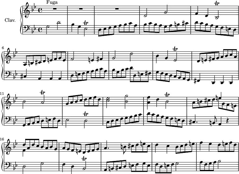 \version "2.18.2"
\header {
tagline = ##f
}
%% les petites notes
trillEes = { \tag #'print { ees2\trill } \tag #'midi { \times 2/3 { f16 ees f ees f ees~ } ees8~ ees } }
trillBes = { \tag #'print { bes2\trill } \tag #'midi { \times 2/3 { c16 bes c bes c bes~ } bes8~ bes } }
trillA = { \tag #'print { a2\trill } \tag #'midi { \times 2/3 { bes16 a bes a bes a~ } a8~ a } }
trillD = { \tag #'print { d2\trill } \tag #'midi { \times 2/3 { ees16 d ees d ees d~ } d8~ d } }
dux = { g2 d' bes4 g \trillEes d8 ees f g a bes c a }
duxb = { g2 d' bes4 g \trillEes d8 e fis g a bes c a }
comes = { d2 g f4 d \trillBes a8 b cis d e f g e }
upper = \relative c' {
\clef treble
\key g \minor
\time 4/4
\tempo 4 = 145
\set Staff.midiInstrument = #"harpsichord"
s8*0^\markup{Fuga}
R1*3 | \comes f2 e4 fis | \duxb | bes2 \trillA | g8 a bes c d ees f d |
% ms. 13
< c ees >2 < bes g' > | < a f' >4 d \trillBes a8 b cis d << { e4 s4 | d8 a d c bes a bes g } \\ { e'8 g, f e | f4 } >>
% ms. 17
a8 g f e d e f g | a4. b8 cis d e cis | d4 c bes8 c d e | f4 ees d8 e f d |
% ms. 21
}
lower = \relative c' {
\clef bass
\key g \minor
\time 4/4
\set Staff.midiInstrument = #"harpsichord"
% **************************************
\dux bes8 c bes a g a b cis | d c bes a g f e d | cis4 a a a | d8 e f g a bes c a | bes g bes c d d, e fis |
% ms. 9
g8 f ees d c bes a g | fis4 d d d | g8 a bes c d e f d | ees2 \trillD |
% ms. 13
c8 d ees f g a bes c | d c bes a g f e d | cis4. b8 a4 r4 | \comes f8 d e f g2 | a8 f g a bes2 |
% ms. 21
}
thePianoStaff = \new PianoStaff <<
\set PianoStaff.instrumentName = #"Clav."
\new Staff = "upper" \upper
\new Staff = "lower" \lower
>>
\score {
\keepWithTag #'print \thePianoStaff
\layout {
#(layout-set-staff-size 17)
\context {
\Score
\override SpacingSpanner.common-shortest-duration = #(ly:make-moment 1/2)
\remove "Metronome_mark_engraver"
}
}
}
\score {
\keepWithTag #'midi \thePianoStaff
\midi { }
}