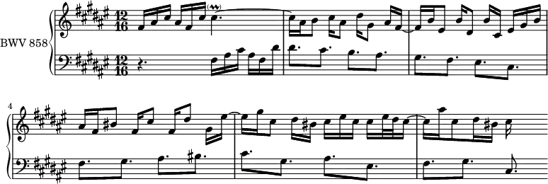 
\version "2.18.2"
\header {
  tagline = ##f
}

Prallcisqp   = { \tag #'print { cis4.~-\parenthesize \prall } \tag #'midi { \times 2/3 { dis32 cis dis cis dis cis~ } cis4~ }  }

upper = \relative c' {
    \clef treble 
    \key fis \major
    \time 12/16
    \tempo 8. = 92
    \set Staff.midiInstrument = #"harpsichord" 

   %% PRÉLUDE CBT I-13, BWV 858, fa-dièse majeur
   fis16 ais cis ais fis cis' \Prallcisqp cis16 ais b8 cis16[ ais8] dis16 gis,8 ais16[ fis~] | fis b eis,8 b'16[ dis,8] b'16 cis, eis gis b |
   ais16 fis bis8 fis16[ cis'8] fis,16[ dis'8] gis,16 eis'~ eis gis cis,8 dis16[ bis] cis eis cis cis eis32 dis cis16~ | cis ais' cis,8 dis16 bis cis16
   
}

lower = \relative c {
    \clef bass 
    \key fis \major
    \time 12/16
    \set Staff.midiInstrument = #"harpsichord" 

    r4. fis16 ais cis ais fis dis' dis8.[ cis] b[ ais] gis[ fis] eis[ cis] fis[ gis] ais[ bis] cis[ gis] ais[ eis] fis[ gis] cis,
} 


 thePianoStaff = \new PianoStaff <<
    \set PianoStaff.instrumentName = #"BWV 858"
    \new Staff = "upper" \upper
    \new Staff = "lower" \lower
  >>

\score {
  \keepWithTag #'print \thePianoStaff
  \layout {
    \context {
      \Score
      \remove "Metronome_mark_engraver"
      %\override SpacingSpanner.common-shortest-duration = #(ly:make-moment 1/3) 
    }
  }
}

\score {
  \keepWithTag #'midi \thePianoStaff
  \midi { }
}
