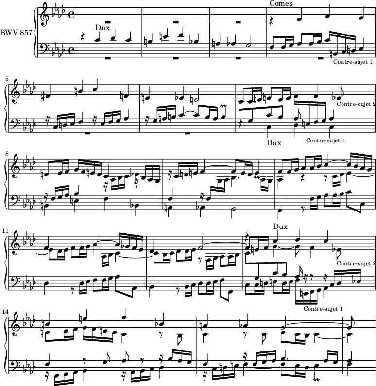 
\version "2.18.2"
\header {
  tagline = ##f
}

Prallbq      = { \tag #'print { b4\prall } \tag #'midi { \times 2/3 { c32 b c } b16~ b8 }  }

Dux          = { e4\rest c4-\markup{Dux} des c b e f bes, a aes g2~ }
Comes        = { r4^\markup{  Comes} f4 aes g fis b c f, e ees d2 }

ContreSujetA = { b16_\markup{\tiny "Contre-sujet 1"} c d ees4 r16 c16 d ees f4 r16   ees16 f g aes4 r16 g16 a b c4~ c8 b16 a \Prallbq }

% le même avec *changement de portée*
ContreSujetAa = { \stemUp \change Staff = "lower" b16_\markup{\tiny "Contre-sujet 1"} c d ees4 e16\rest c16 d ees f4  \stemDown \change Staff = "upper" r16 ees16 f g aes4 \stemUp r16 g16 a b c4^~ c8 b16 a \Prallbq }

ContreSujetB = { ees8_\markup{\tiny "Contre-sujet 2"} d ees16 f g f e d c4 g16\rest bes16 aes g  \stemUp \change Staff = "lower"  f4 r16 f16  \stemDown \change Staff = "upper" g aes bes4. aes16 g aes4 }

% le même avec *changement de portée*
ContreSujetBb = { ees8_\markup{\tiny "Contre-sujet 2"} d ees16 f g f e d c4 \stemUp \change Staff = "lower" c16\rest bes16 aes g  f4 d'16\rest f,16  g aes bes4. aes16 g aes4 }

upper = \relative c'' {
  \clef treble 
  \key f \minor
  \time 4/4
  \tempo 4 = 56
  \set Staff.midiInstrument = #"harpsichord" 

   %% FUGUE CBT I-12, BWV 857, fa mineur
   << { s1*12 \Dux g8 } \\ { R1*3 \stemUp \Comes c8 c16 d e8 d16 e \stemDown f \transpose b e \relative c' { \ContreSujetAa } f8 f16 g aes8 aes16 bes c4^~ c16 bes aes g | f4  } \\ { s1*6 s2 s8 \relative c' { f4 \ContreSujetB } b,4\rest b8\rest \stemDown c16 des ees4_~ | ees8 des16 ees f8 f16 g aes4~   \stemUp aes16 ges f ees | des4 s4 f2~ f8 e16 f \stemDown g4_~ g8 f4 \ContreSujetBb } >>

}

lower = \relative c' {
  \clef bass 
  \key f \minor
  \time 4/4
  \set Staff.midiInstrument = #"harpsichord" 
    
   << { \Dux f8 f16 g aes8 aes16 bes c \relative c { \ContreSujetA } \stemDown \change Staff = "upper" c8 \stemUp \change Staff = "lower" g c bes aes    s4 s1*3 s2.   | \stemDown \change Staff = "upper" aes16 bes c4_~ c8 bes16 c des8 des16 ees f,8\rest f16 g aes8 aes16 bes  c8 \stemUp \change Staff = "lower" g c bes aes16 r16 r8 r16 c,16 d ees f4 r8 g8 aes r8  \stemDown \change Staff = "upper"  c8\rest bes8 c4 c8\rest c8 des c16 bes c4_~ c4   } \\ { R1*6 \relative c { \Dux f4 r8 f'16 g aes8 aes16 bes c8 c, des4 r8 des16 ees f8 f16 g aes8 aes, bes4 r8 bes16 c des8 des16 ees f8 f, c' c16 d e8 d16 e f } \transpose b e \relative c { \ContreSujetA } f,4 } >>
    
} 


 thePianoStaff = \new PianoStaff <<
    \set PianoStaff.instrumentName = #"BWV 857"
    \new Staff = "upper" \upper
    \new Staff = "lower" \lower
  >>
\score {
  \keepWithTag #'print \thePianoStaff
  \layout {
    \context {
      \Score
      \remove "Metronome_mark_engraver"
      %\override SpacingSpanner.common-shortest-duration = #(ly:make-moment 1/2) 
    }
  }
}

\score {
  \keepWithTag #'midi \thePianoStaff
  \midi { }
}

