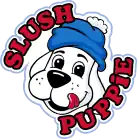 Dessin de la tête d'un chiot blanc avec un bonnet bleu se léchant les babines, entouré de «&nbsp;Slush Puppie&nbsp;» en lettres rouges.