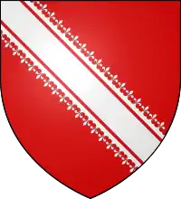 Blason rouge traversé par une bande diagonale blanche décorée de chaque côté par des fleurs de lys blanches