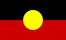 Le haut est noir, le bas rouge, et un cercle jaune dont la hauteur vaut la moitié de celle du drapeau se trouve en son centre.