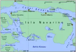 Carte de l'île Navarino. La baie Windhond se trouve au sud de l'île.