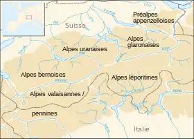Carte de localisation des préalpes appenzelloises dans les Alpes centrales.