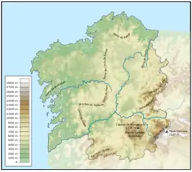 Carte de Galice avec le Massif galicien au sud-est.