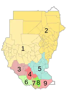 Diocèses du Soudan (1 et 2), et du Soudan du Sud (3 à 9). L'archidiocèse de Djouba est le no 8