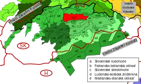 Carte de localisation des Basses Tatras au sein des Carpates occidentales intérieures.