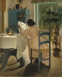 Ved frokostbordet og morgenaviserne [Au petit-déjeuner] (1898). L'épouse de Ring, Sigrid Kähler, est entourée de symboles indiquant son amour pour, comme les branches de myrte au-dessus de sa tête, un symbole d'Aphrodite selon les grecs anciens et utilisée au Danemark pour parer la fiancée lors de son mariage.