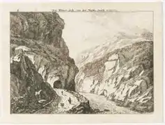 Gorges des Schöllenen et Trou d’Uri sur une gravure de Salomon Gessner datée de 1781.