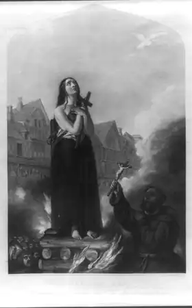 Jeanne d'Arc, après avoir rendu les services les plus remarquables à son prince et à son peuple, meurt en martyr pour leur cause. Gravure de C.W. Wass (une autre version est une gravure de 1849 du troisième panneau de The Penny Illustrated News du 1er décembre 1849. Vol 1, no&nbsp;6, p.&nbsp;45).